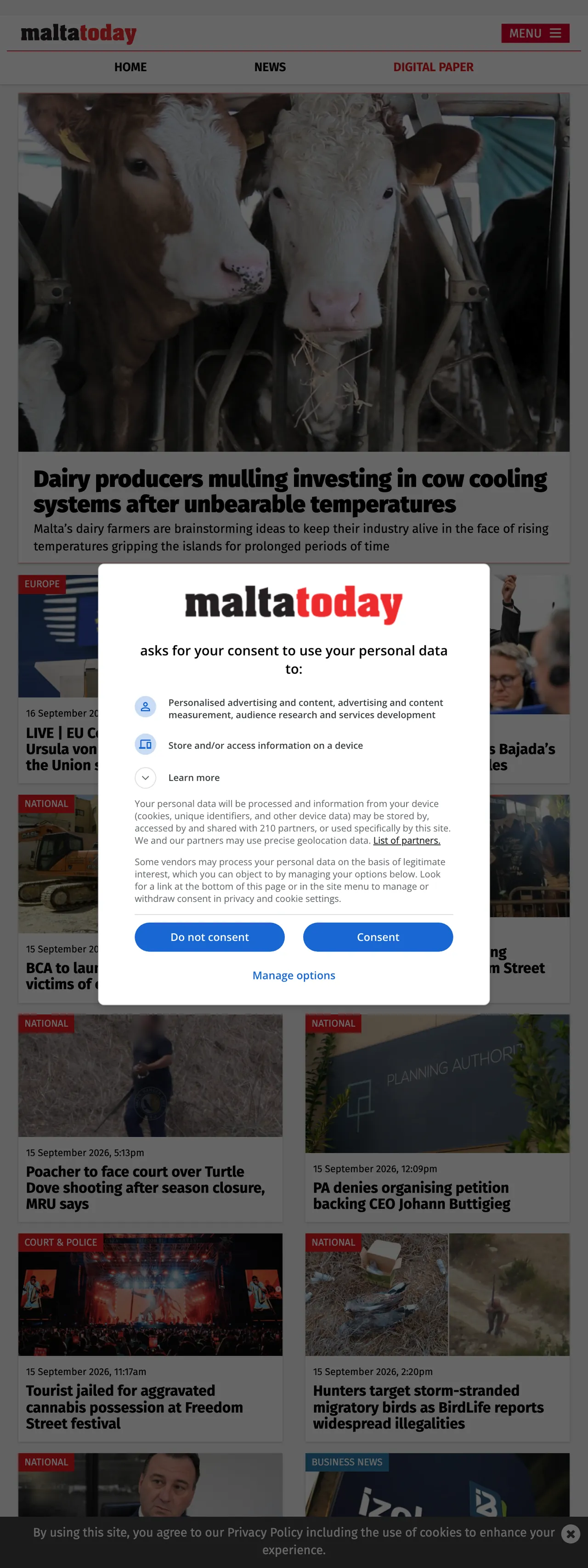 Screenshot of the Malta Today front page