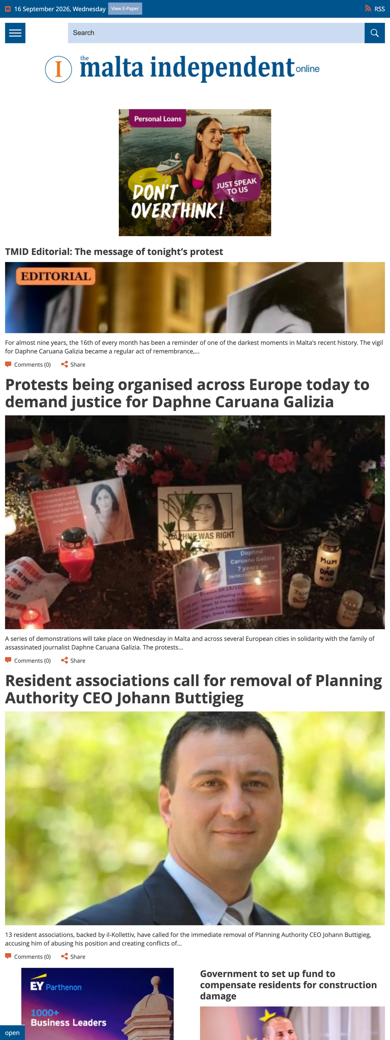 Screenshot of the The Malta Independent front page
