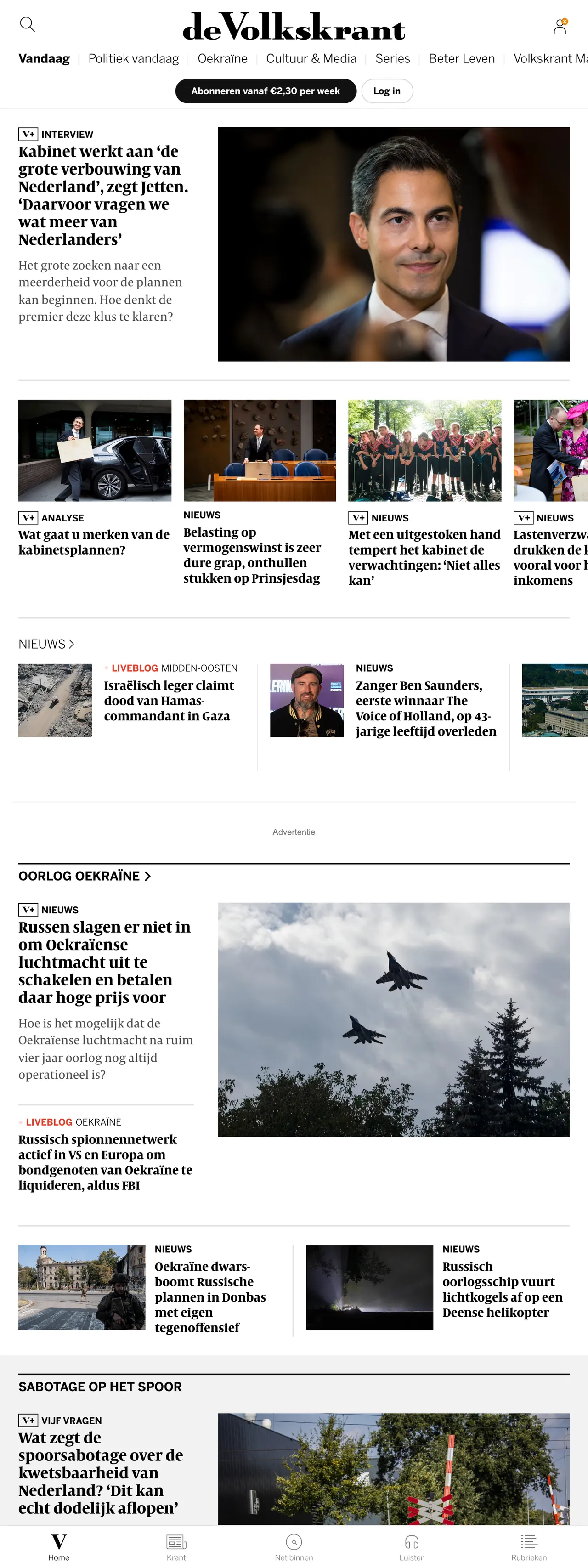 Screenshot of the de Volkskrant front page