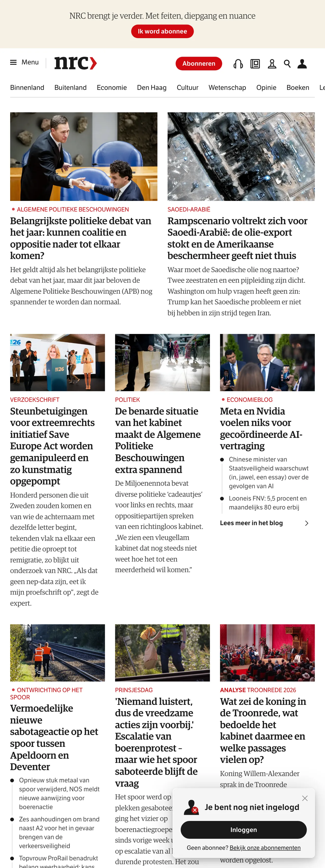 Screenshot of the NRC front page