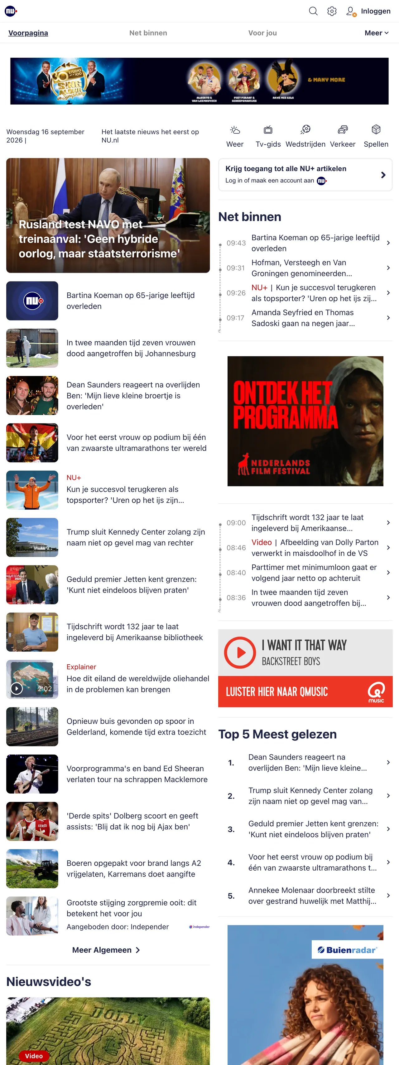 Screenshot of the NU.nl front page