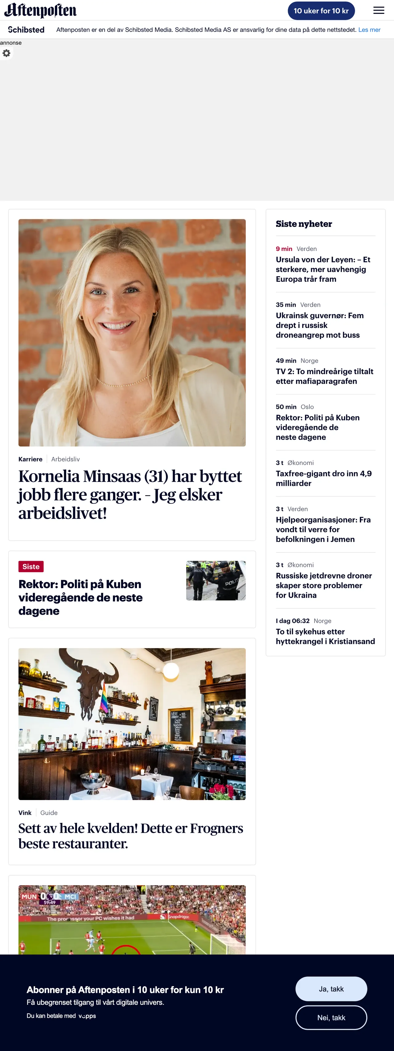 Screenshot of the Aftenposten front page