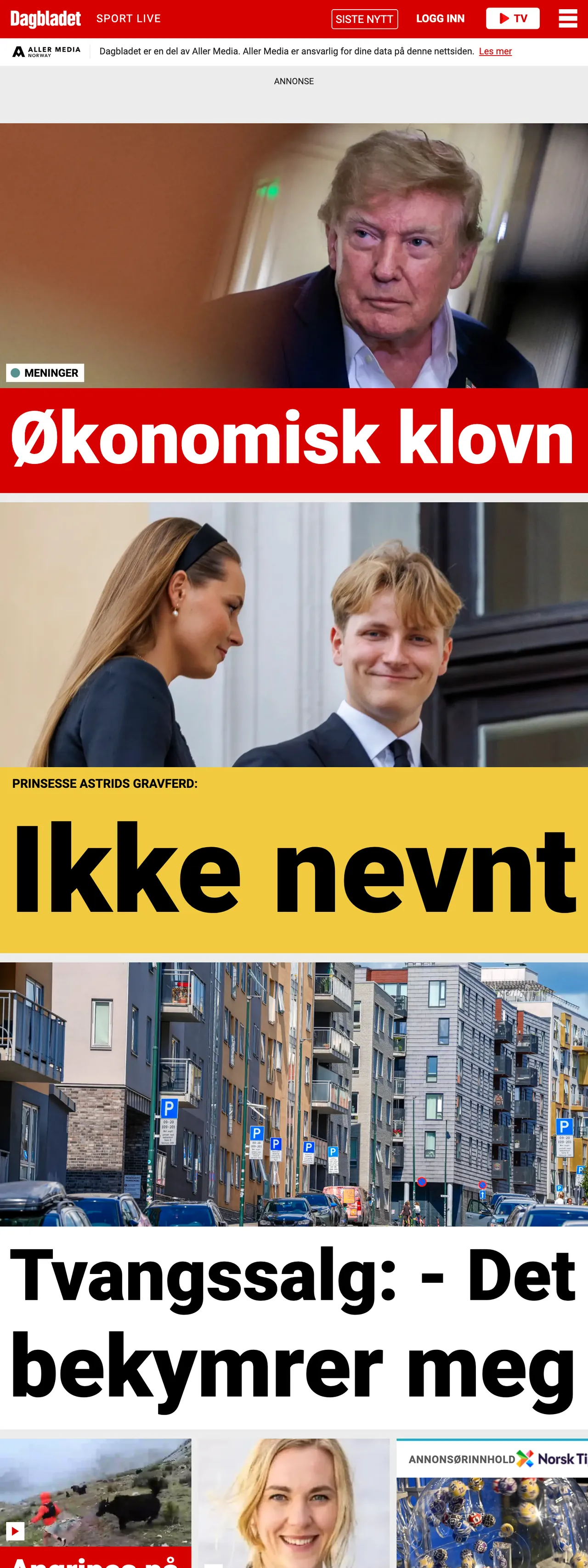 Screenshot of the Dagbladet front page