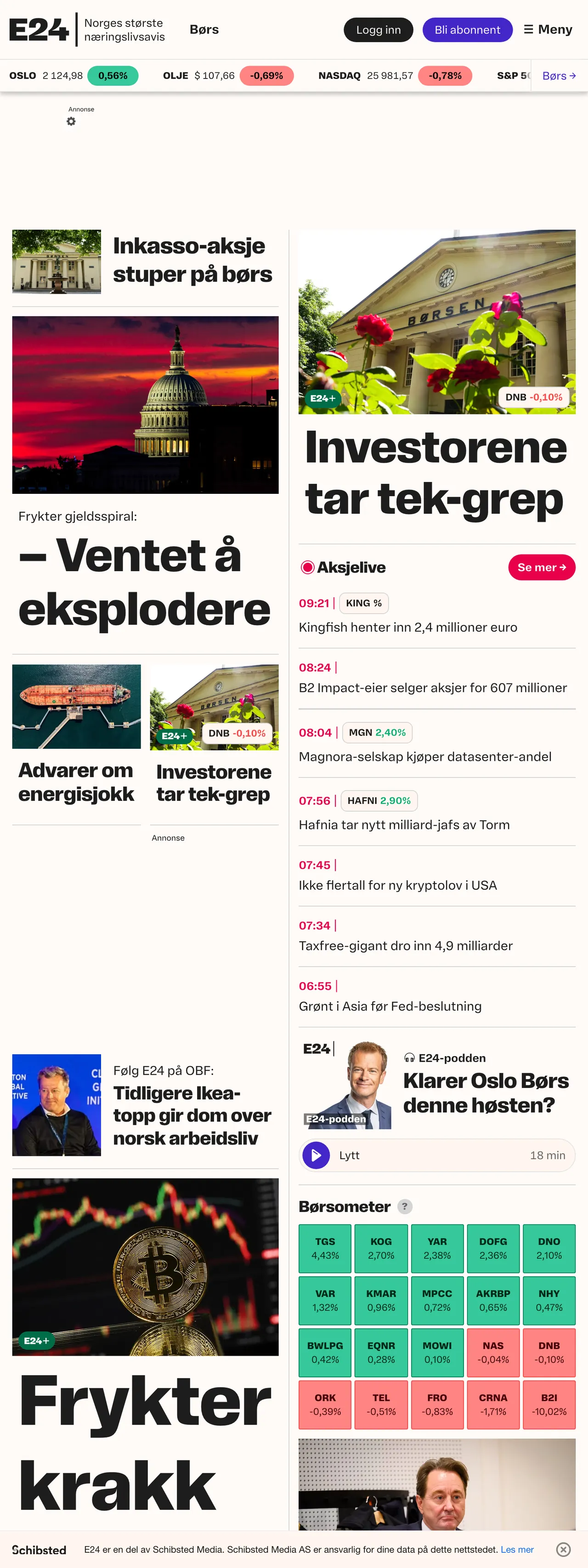Screenshot of the E24 front page