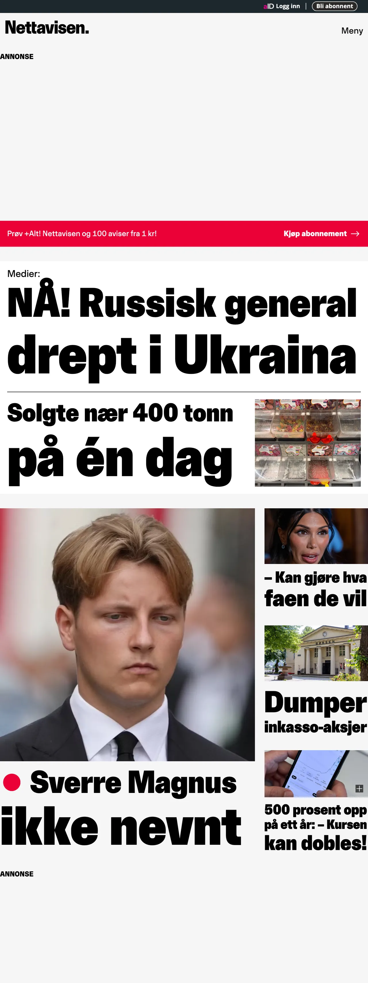 Screenshot of the Nettavisen front page
