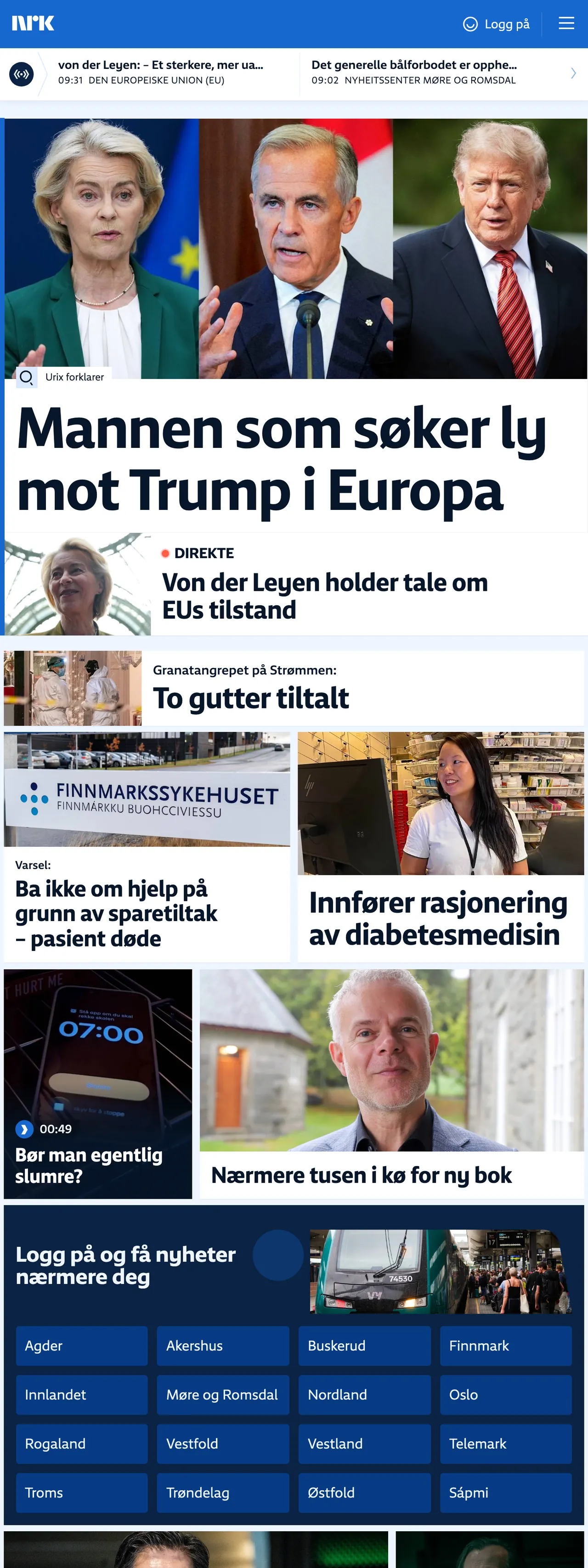 Screenshot of the NRK front page