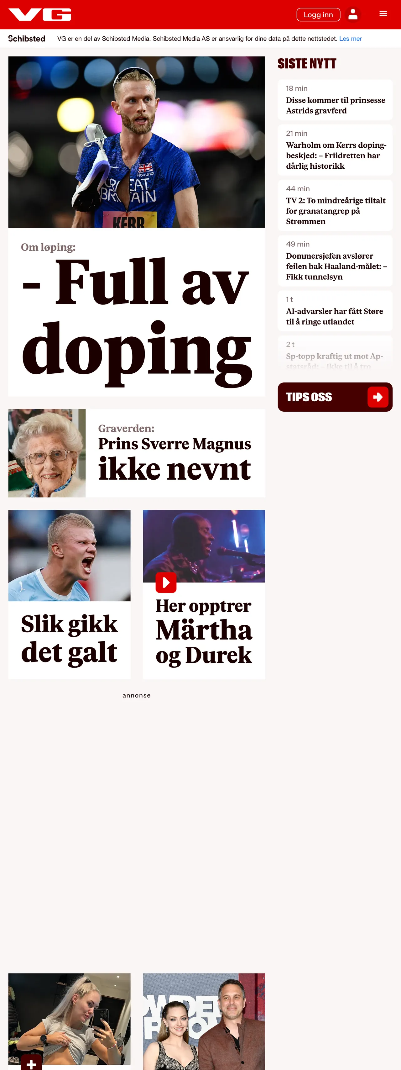 Screenshot of the VG front page