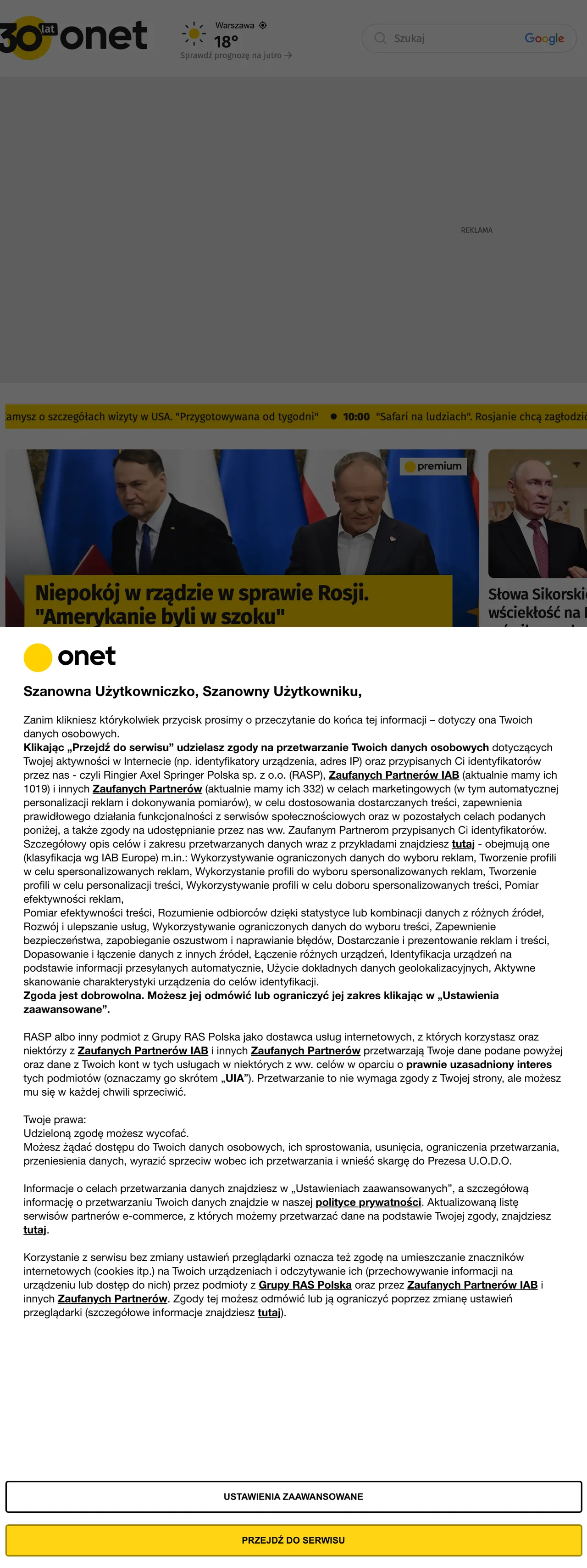 Screenshot of the Onet front page