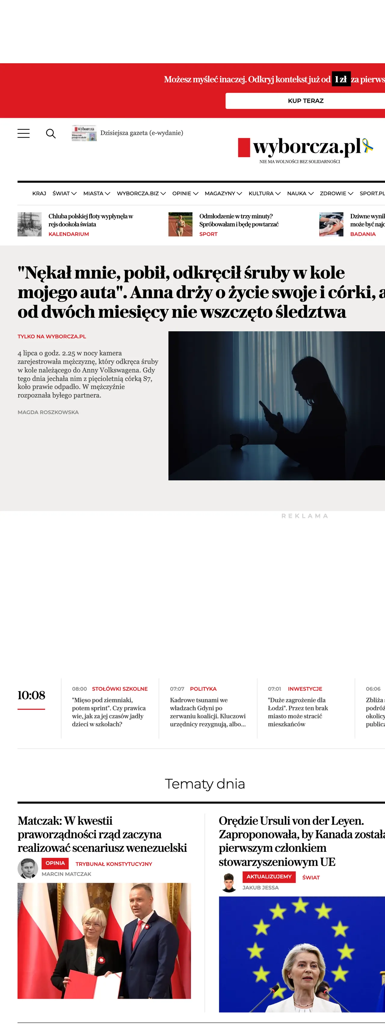 Screenshot of the Wyborcza front page