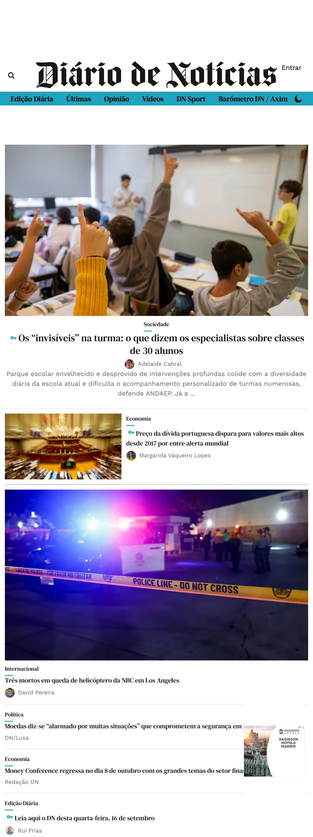 Screenshot of the Diário de Notícias front page
