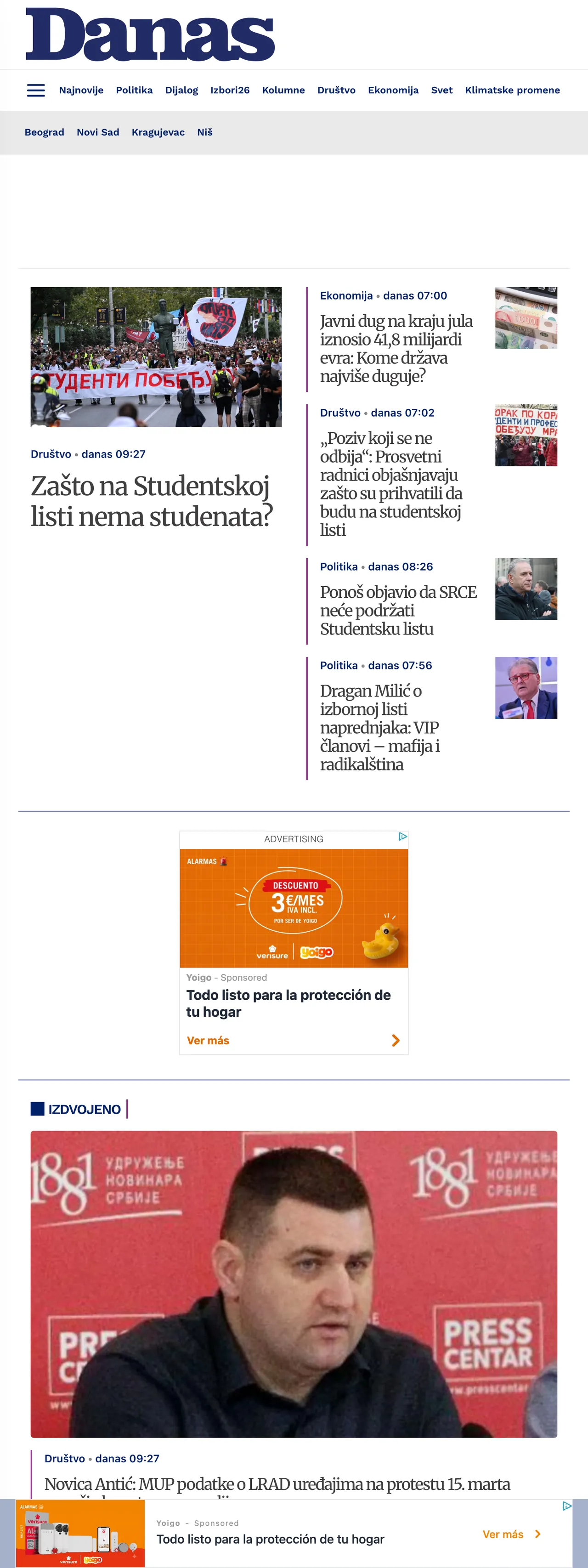 Screenshot of the Danas front page