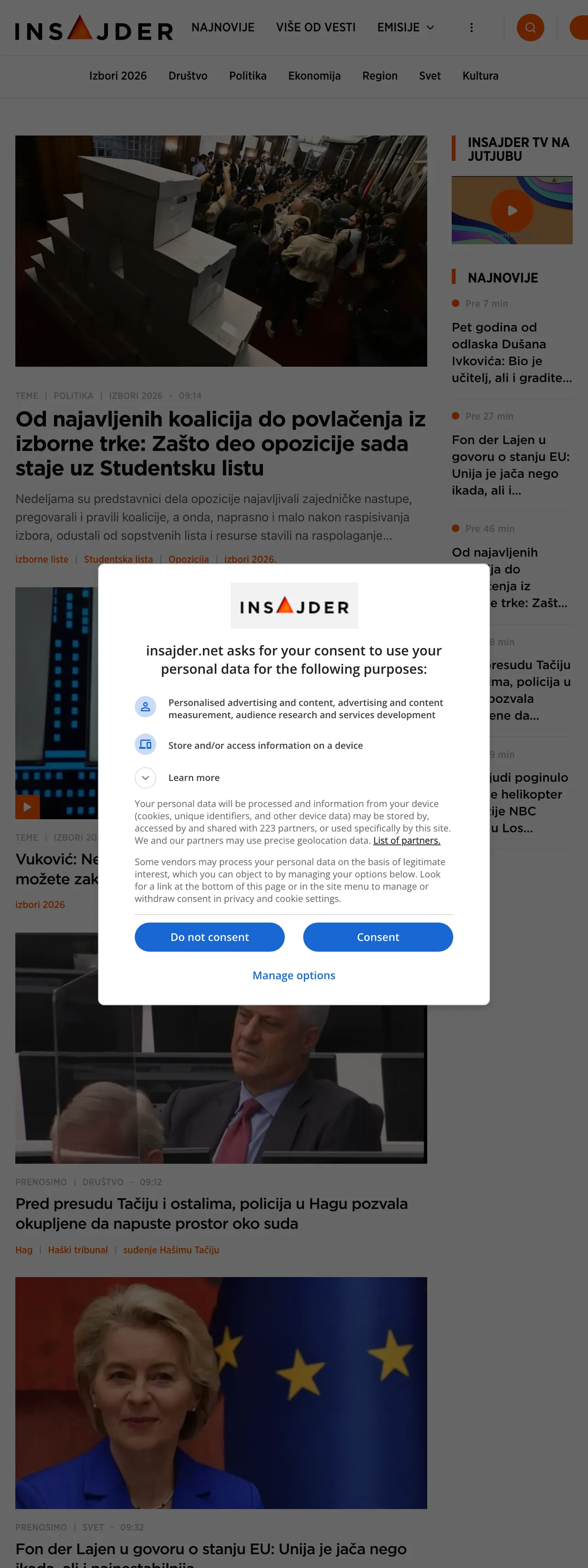 Screenshot of the Insajder front page