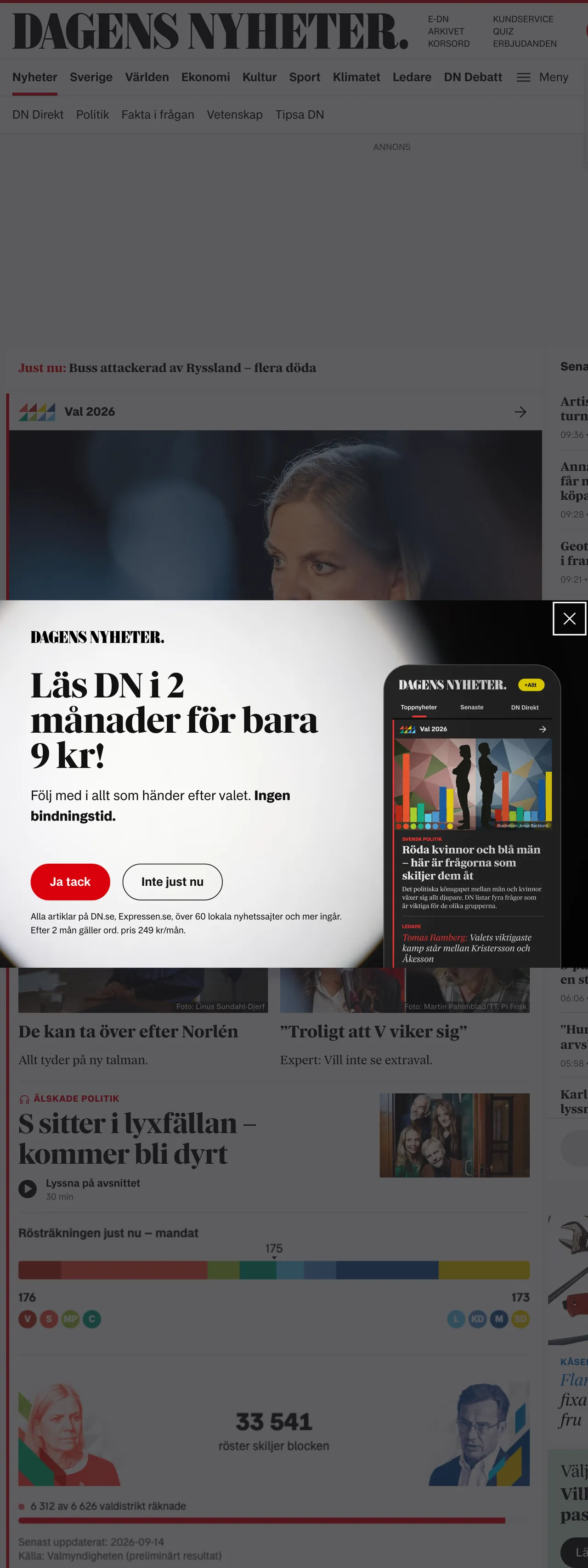 Screenshot of the Dagens Nyheter front page