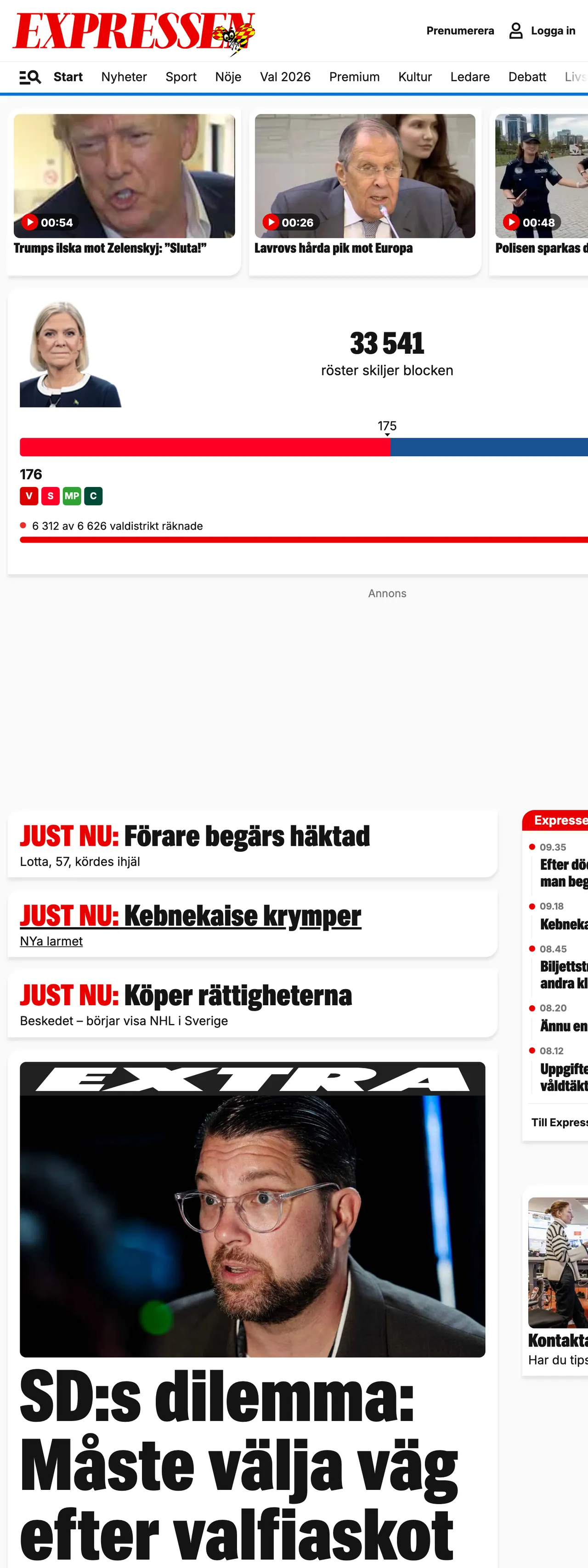 Screenshot of the Expressen front page