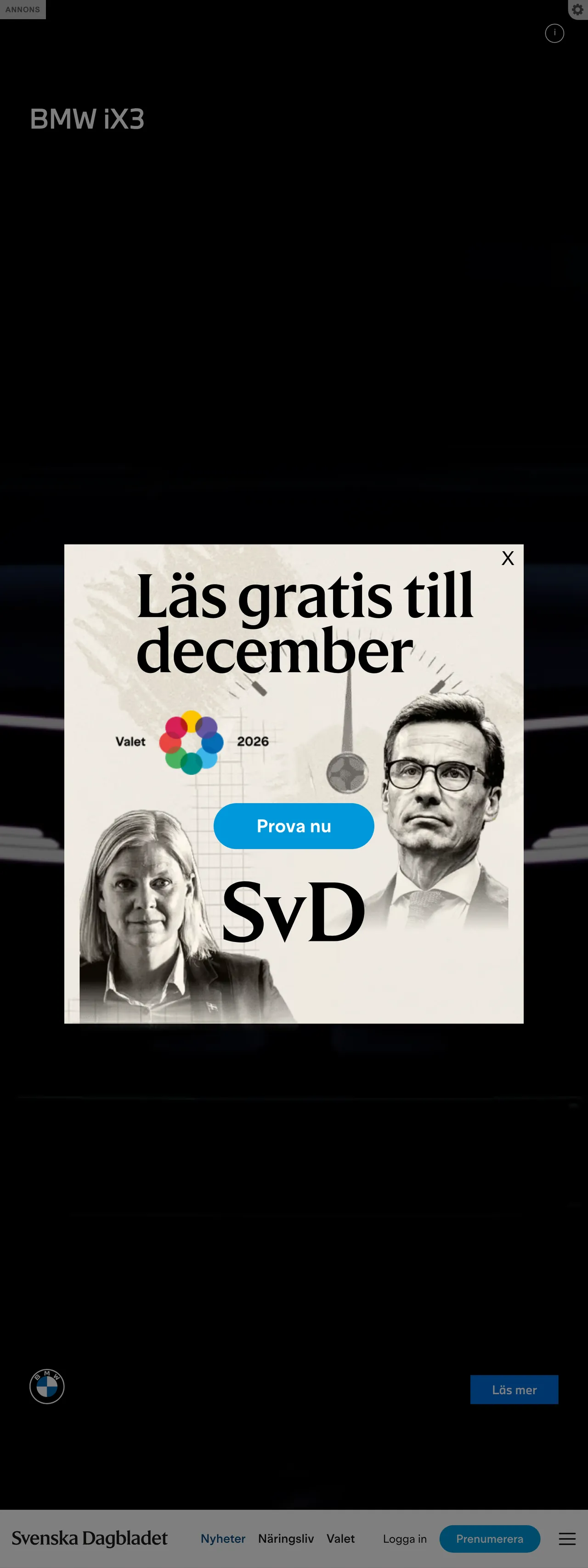 Screenshot of the Svenska Dagbladet front page