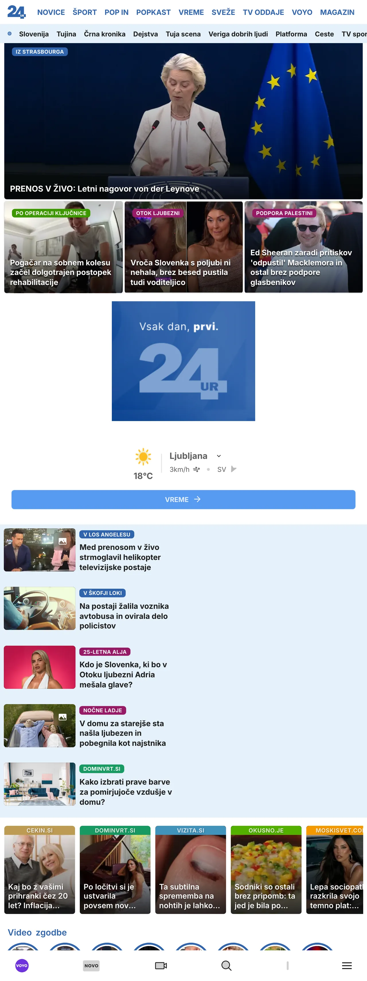 Screenshot of the 24ur front page