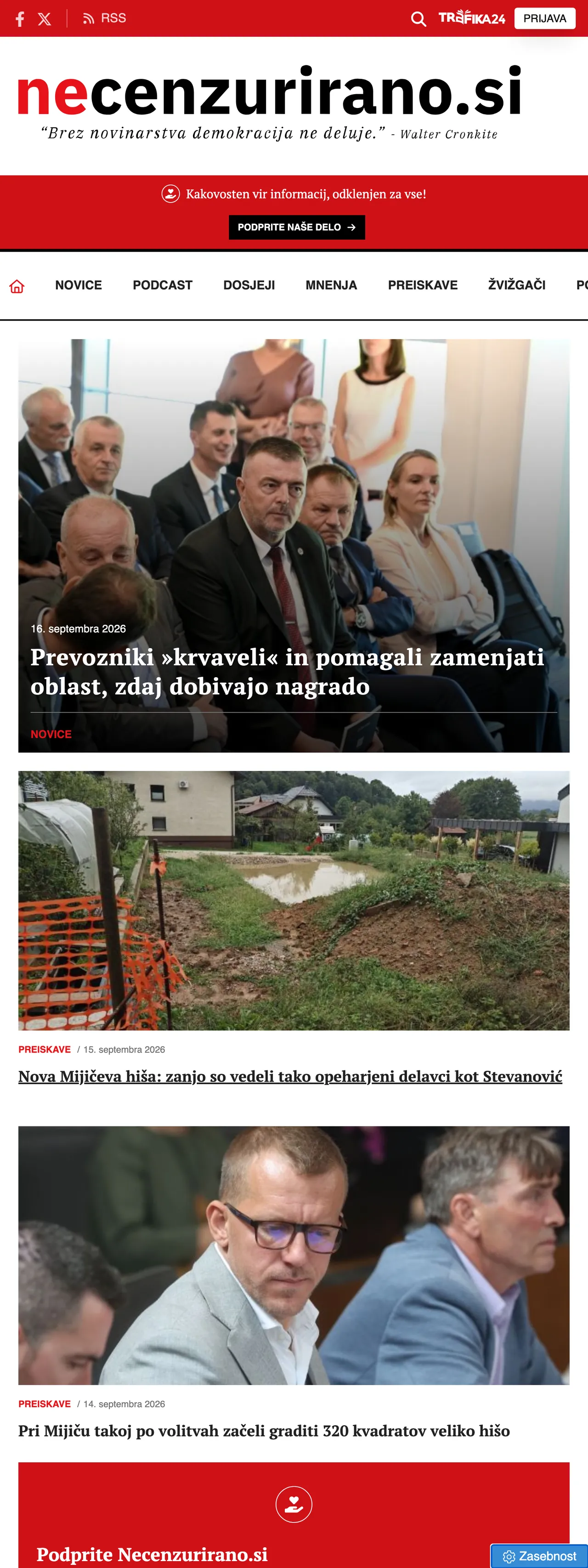 Screenshot of the Necenzurirano front page