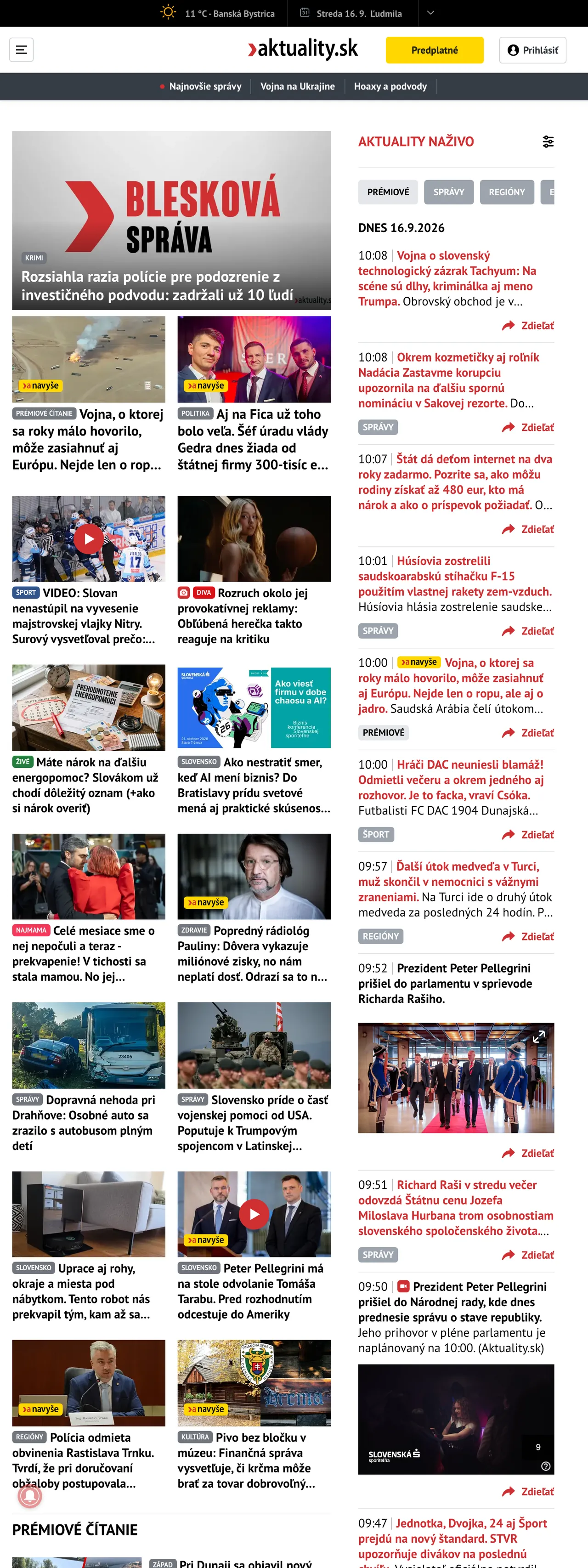 Screenshot of the Aktuality.sk front page