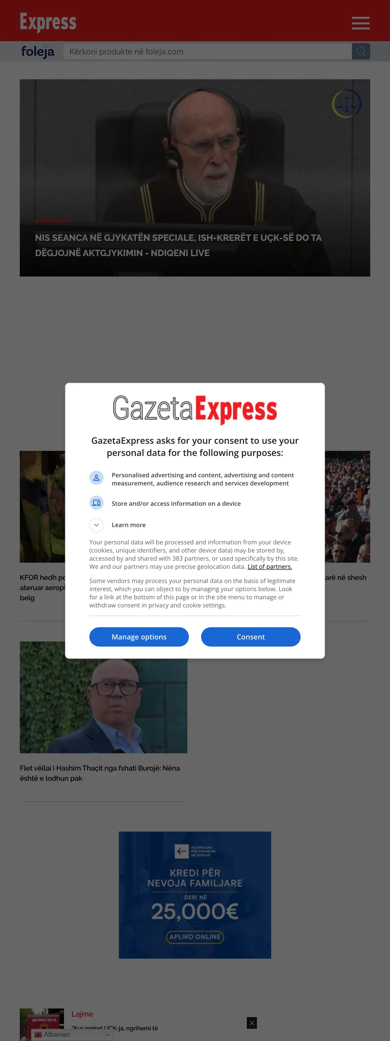 Screenshot of the Gazeta Express front page