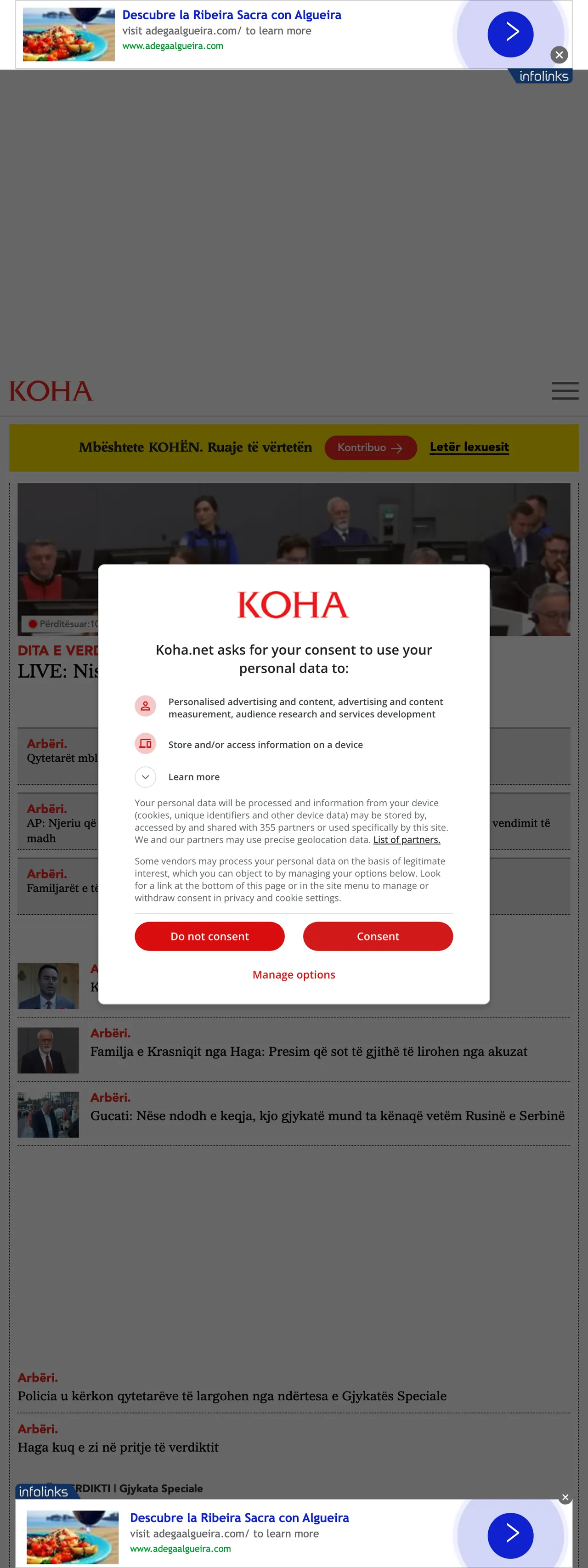 Screenshot of the Koha Ditore front page