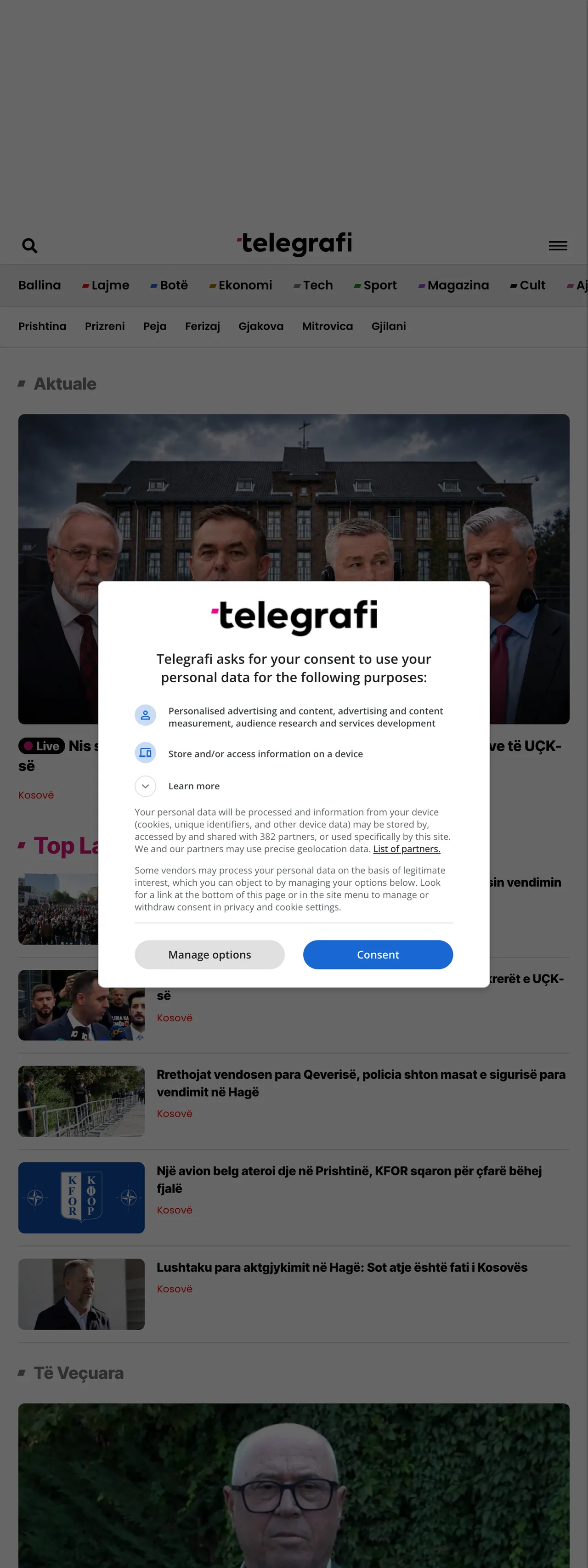 Screenshot of the Telegrafi front page