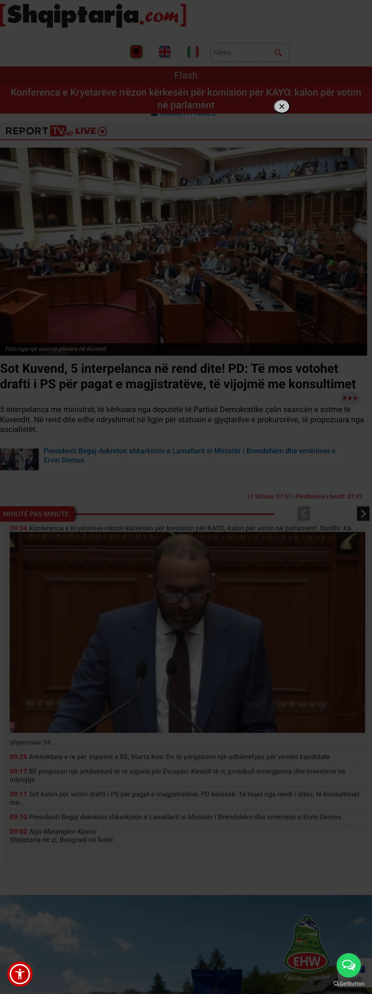 Screenshot of the Shqiptarja.com front page
