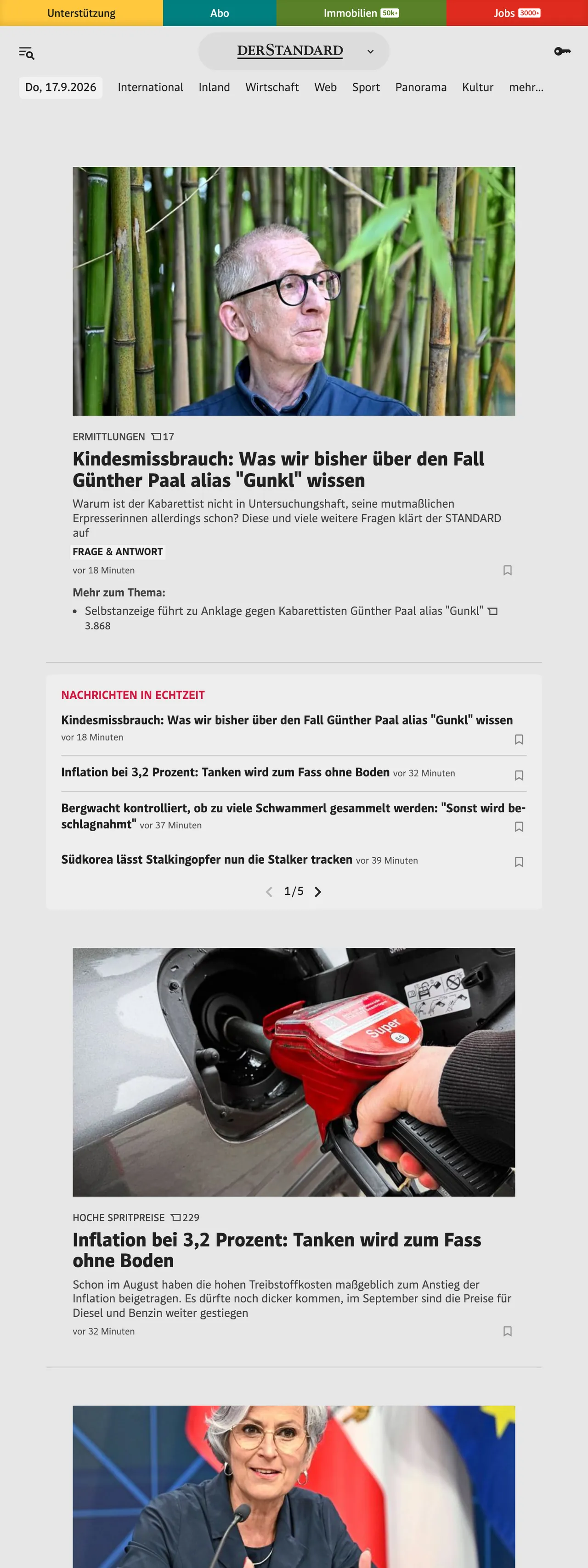 Screenshot of the DER STANDARD front page