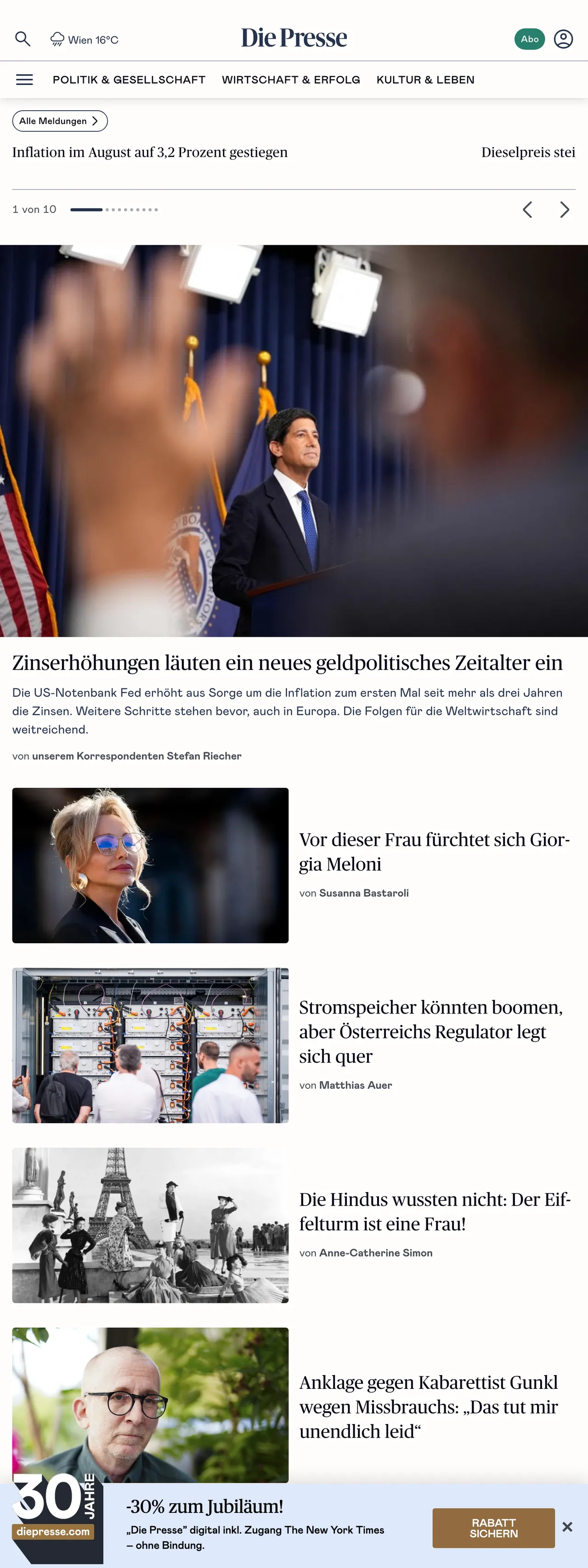 Screenshot of the Die Presse front page
