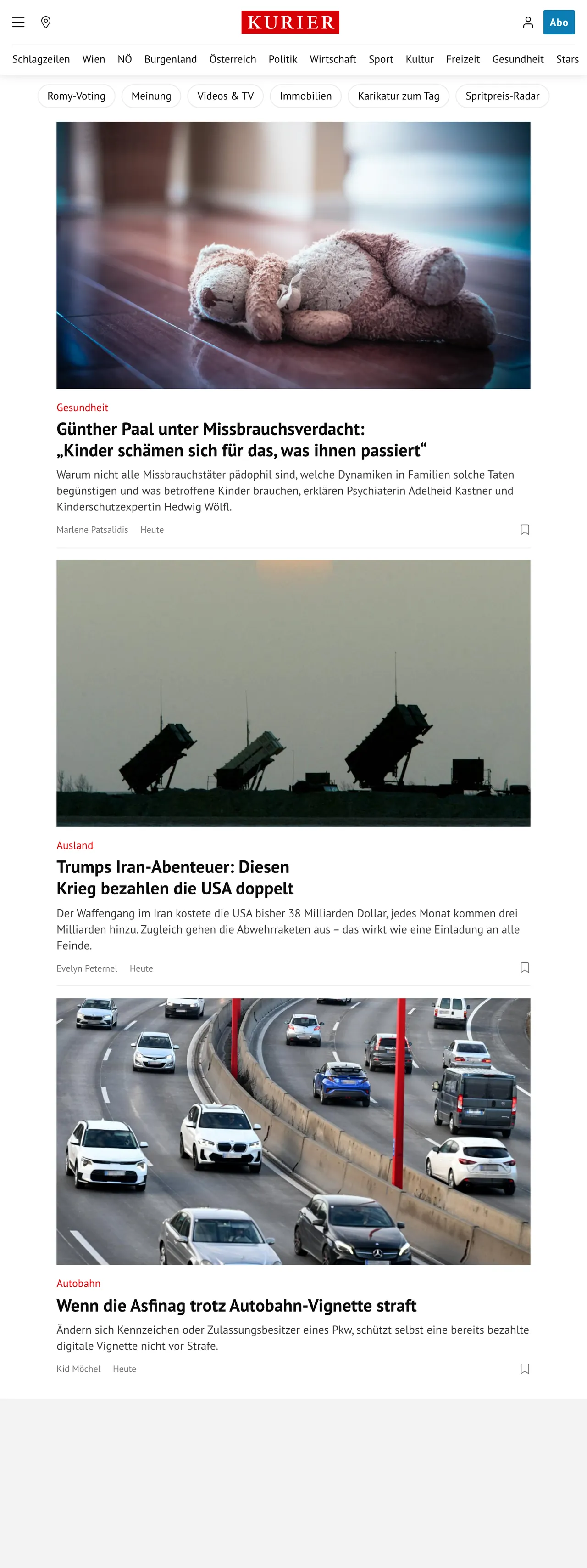 Screenshot of the Kurier front page