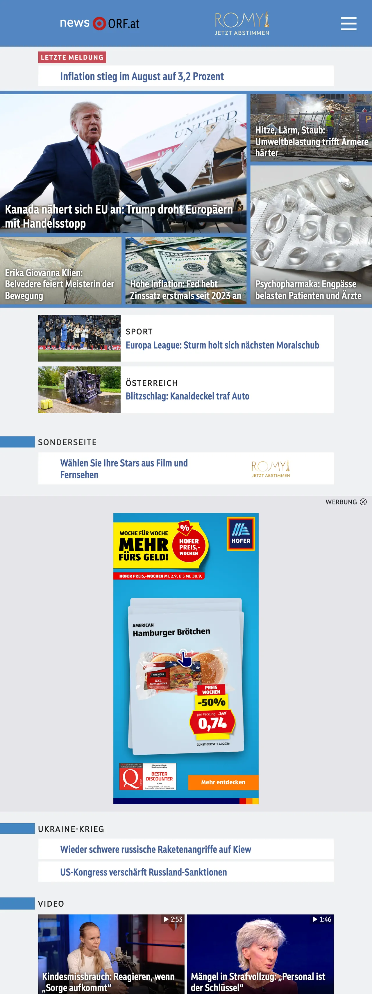 Screenshot of the ORF front page