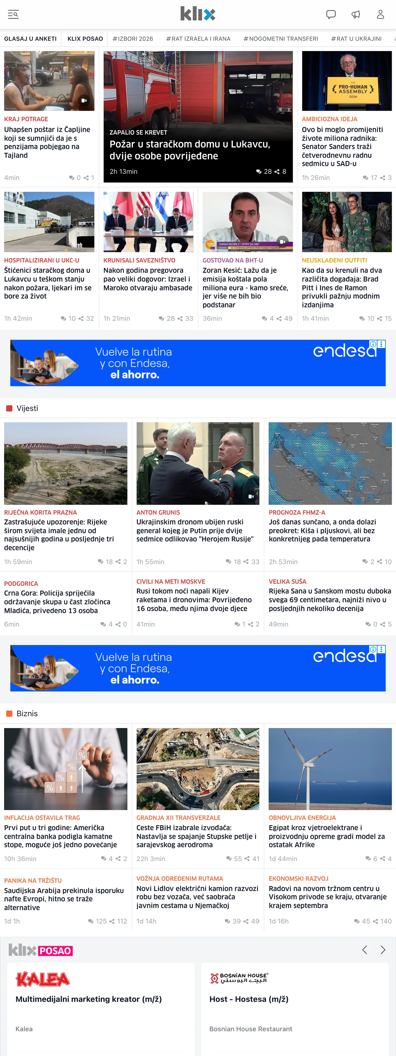Screenshot of the Klix.ba front page