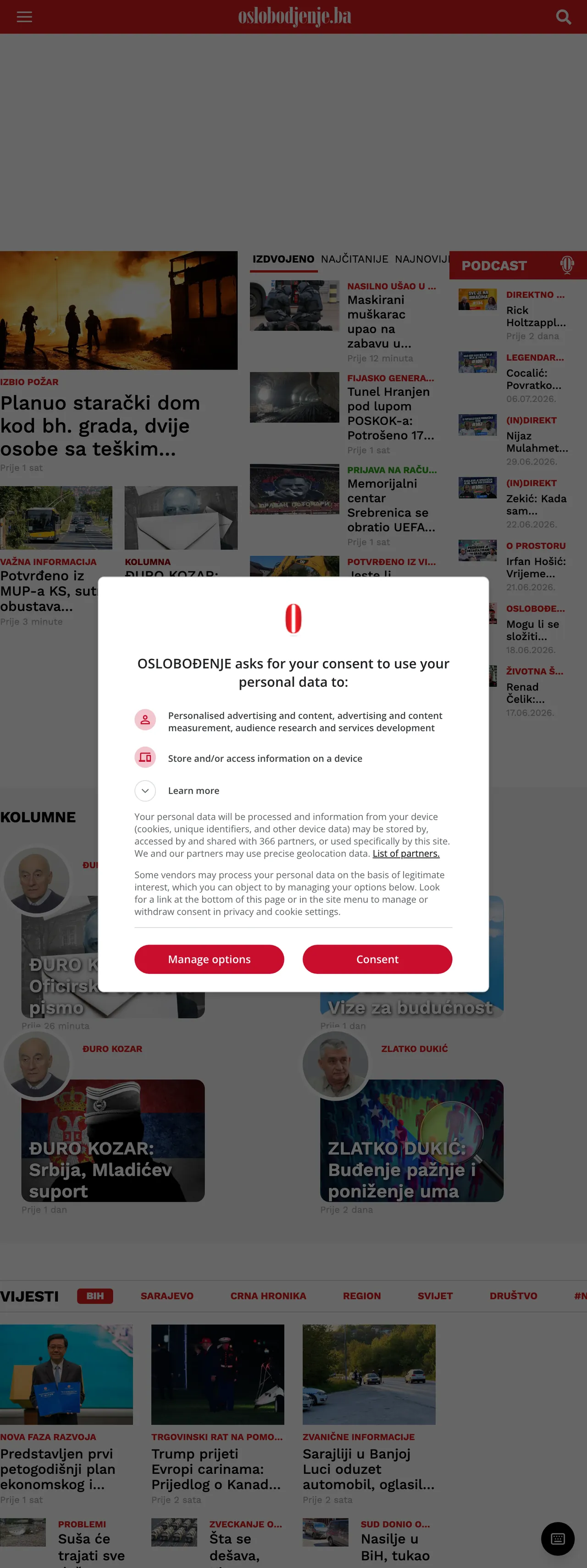 Screenshot of the Oslobođenje front page