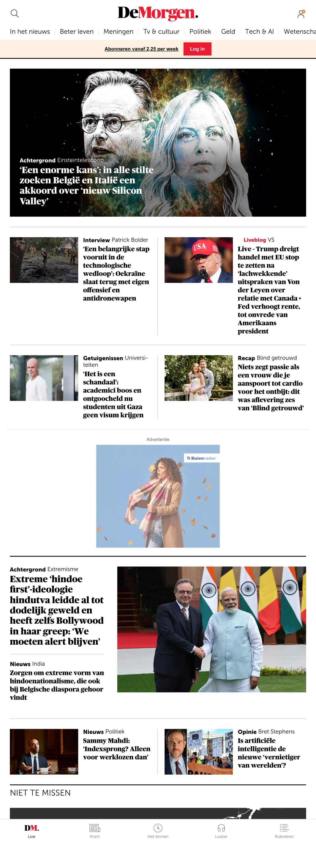 Screenshot of the De Morgen front page
