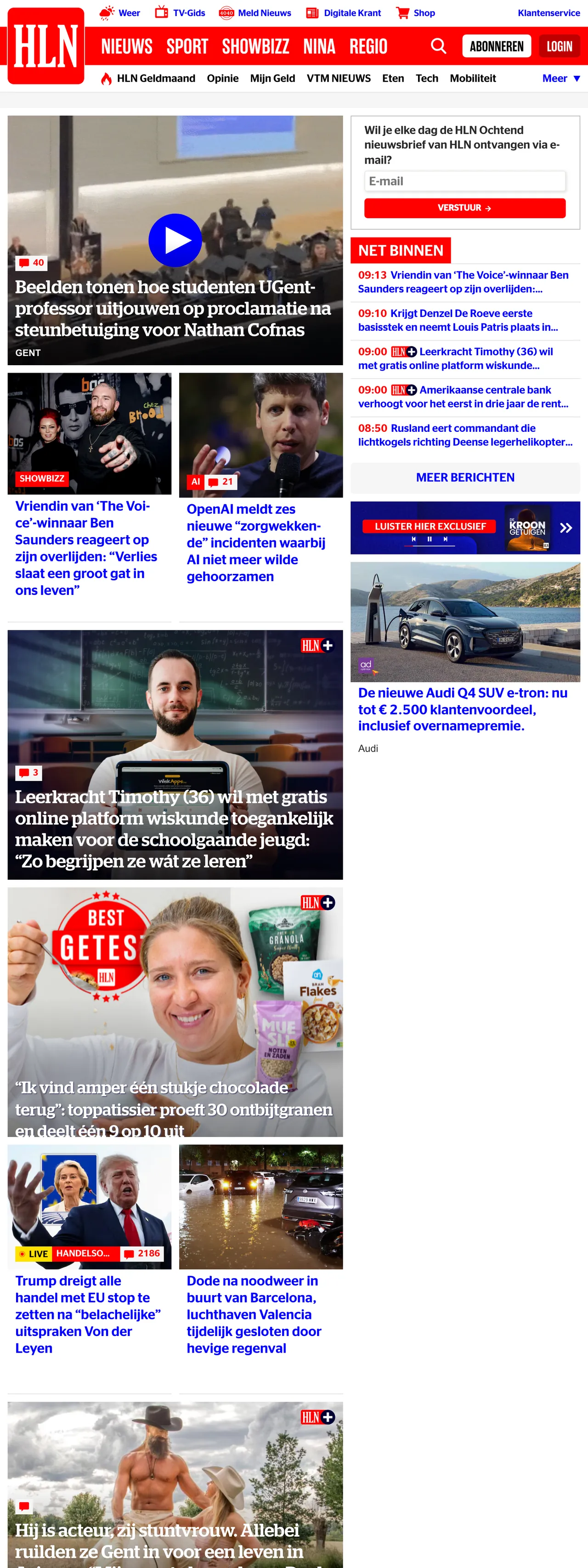Screenshot of the HLN front page