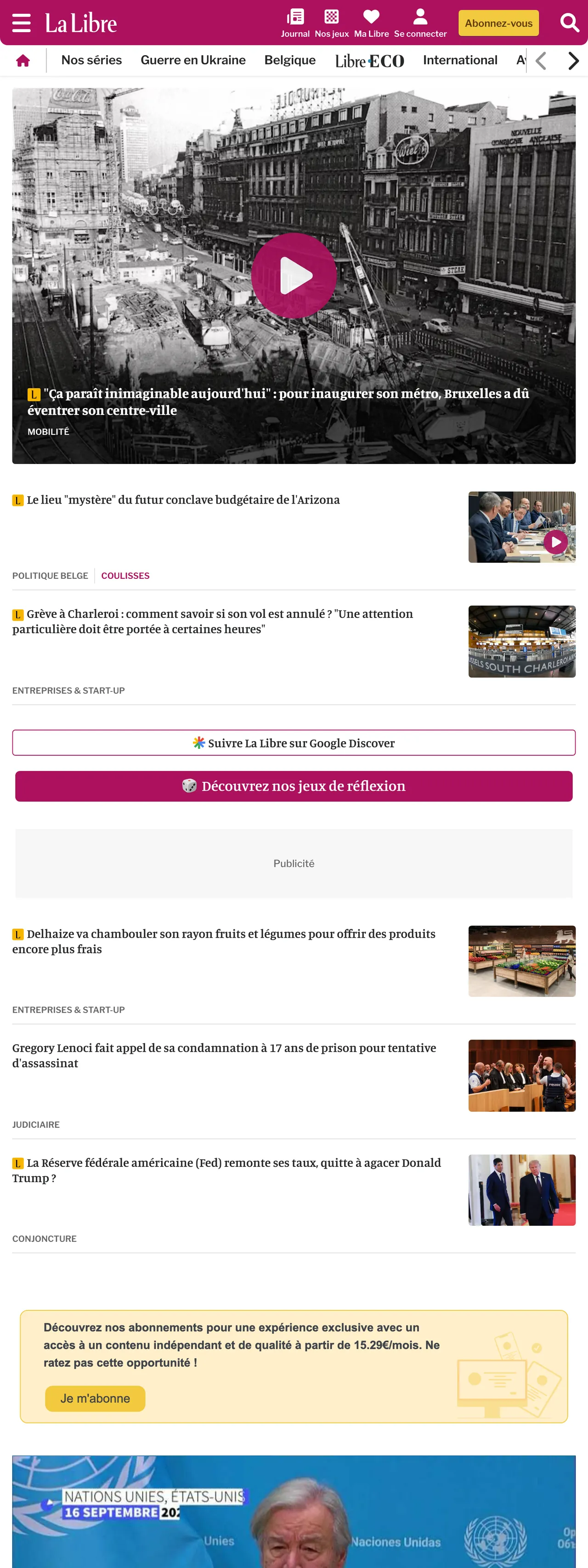 Screenshot of the La Libre front page