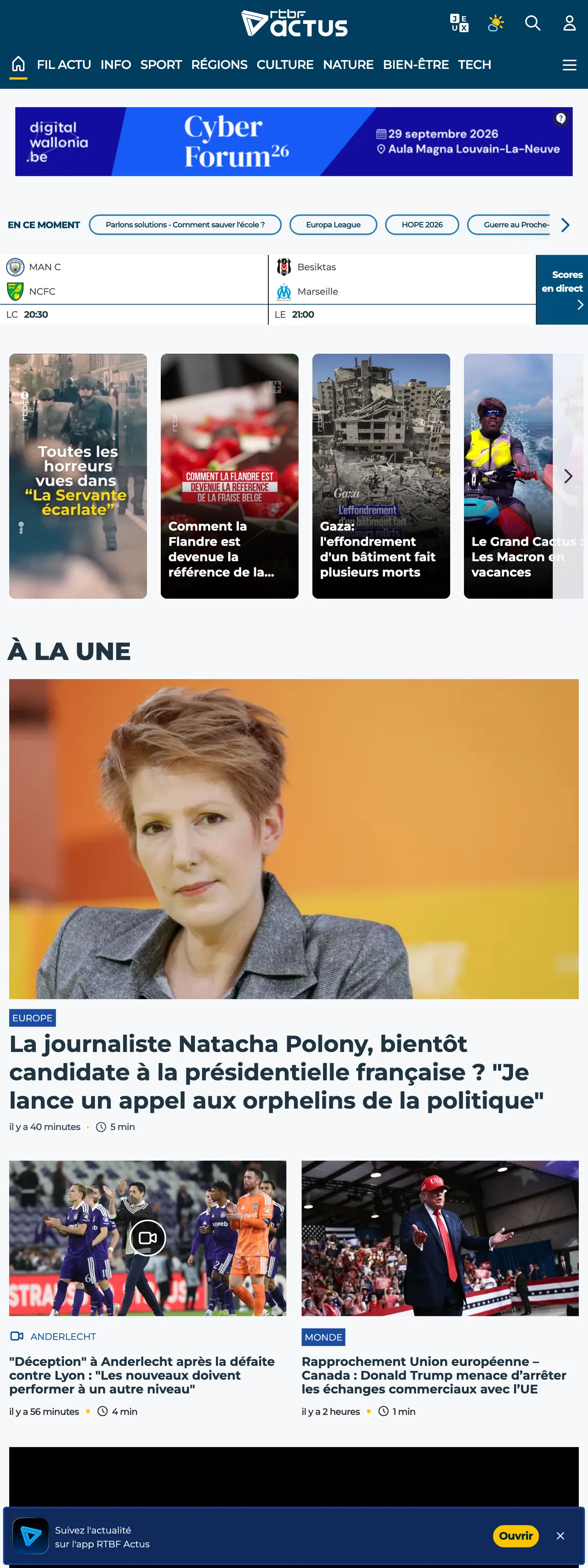 Screenshot of the RTBF front page