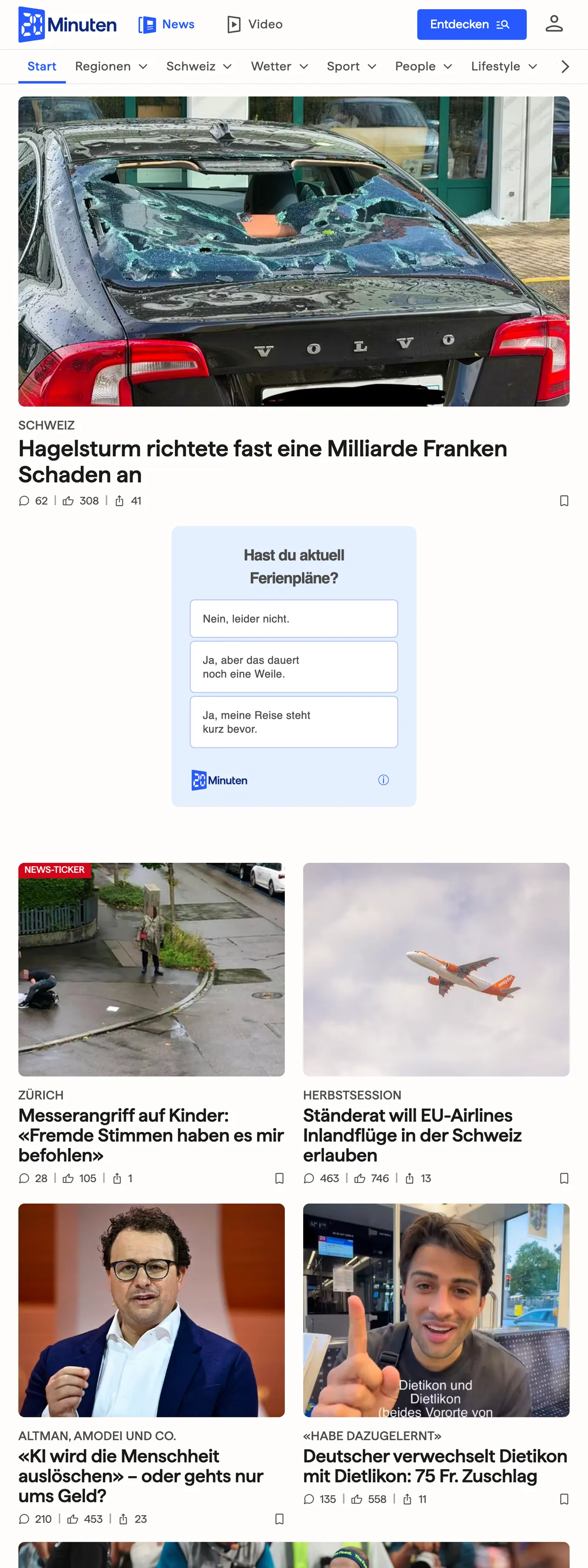 Screenshot of the 20 Minuten front page