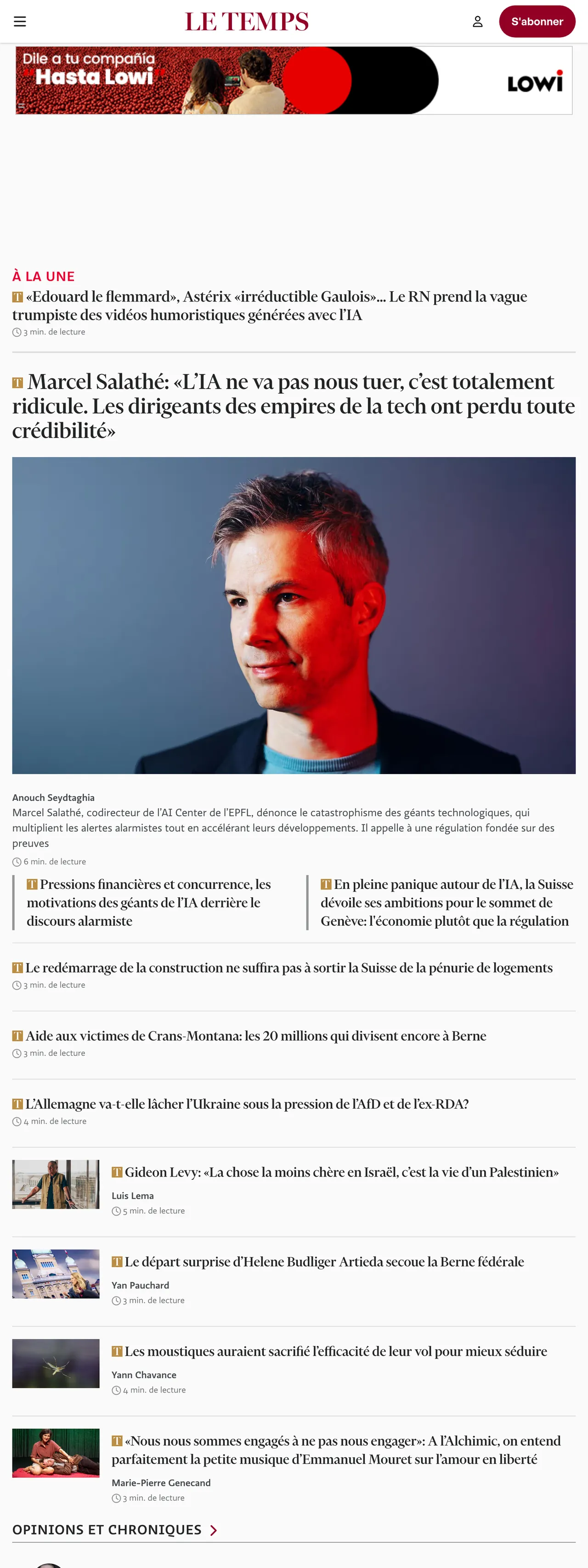 Screenshot of the Le Temps front page
