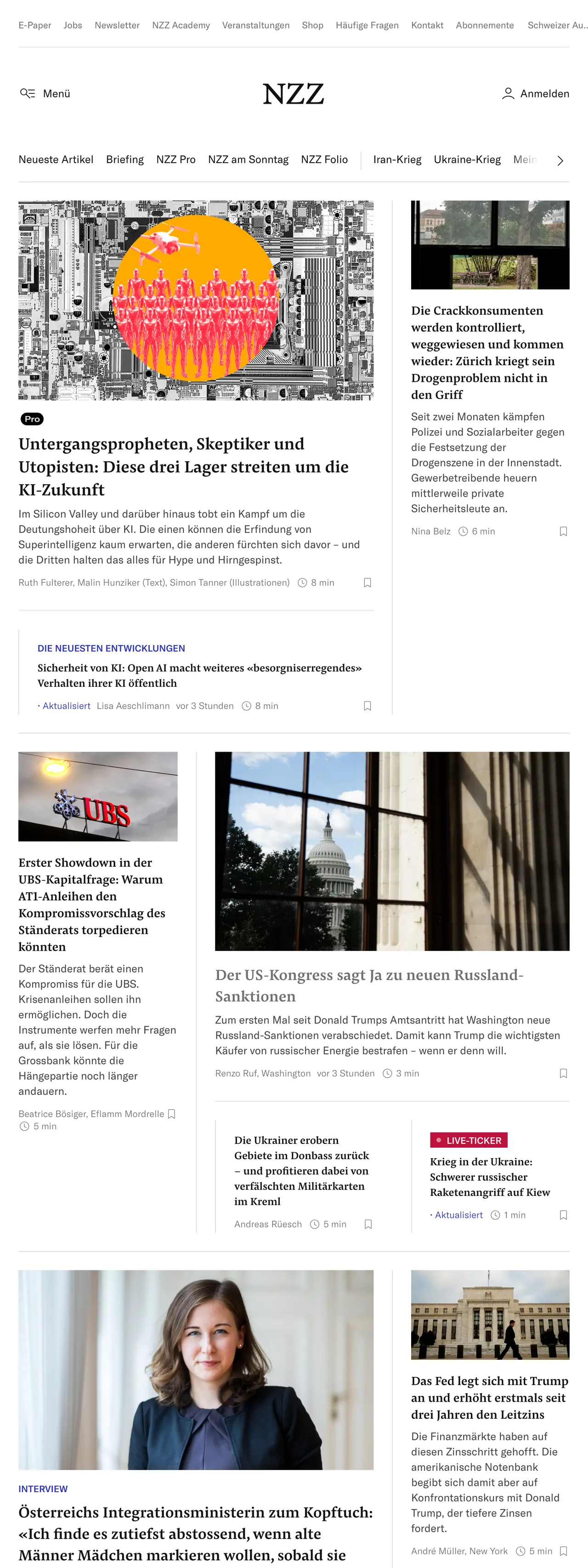 Screenshot of the Neue Zürcher Zeitung front page