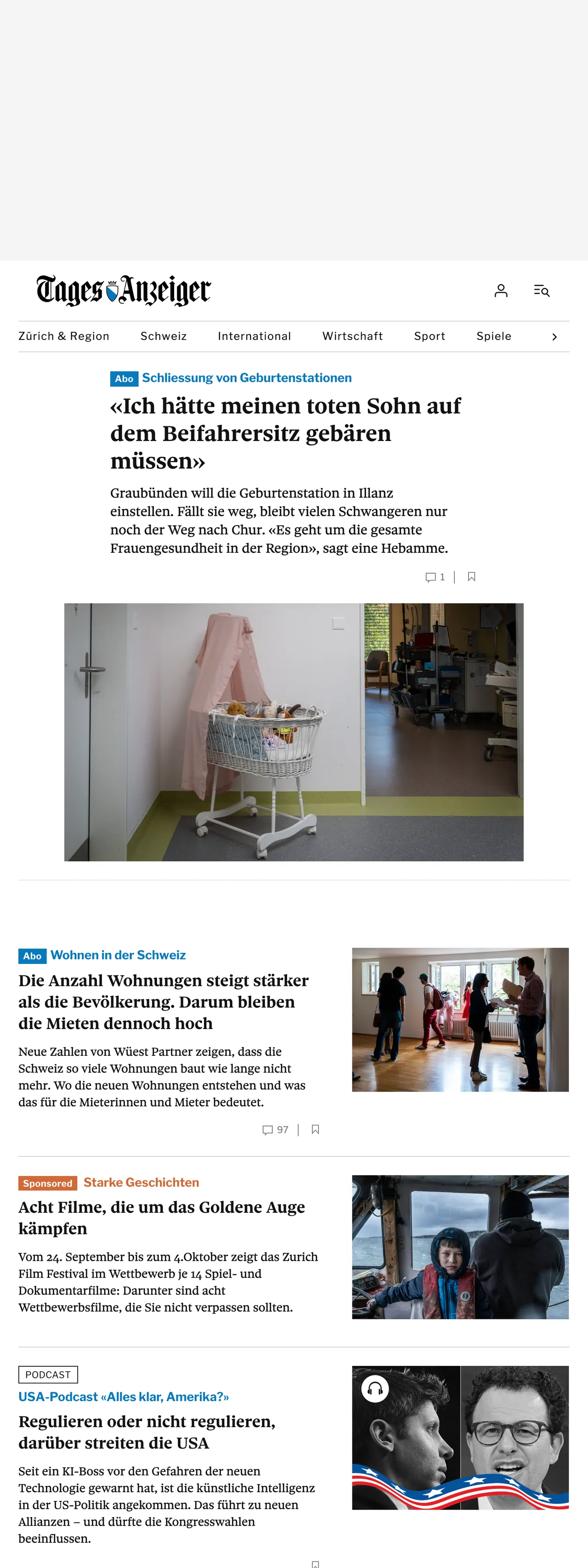 Screenshot of the Tages-Anzeiger front page