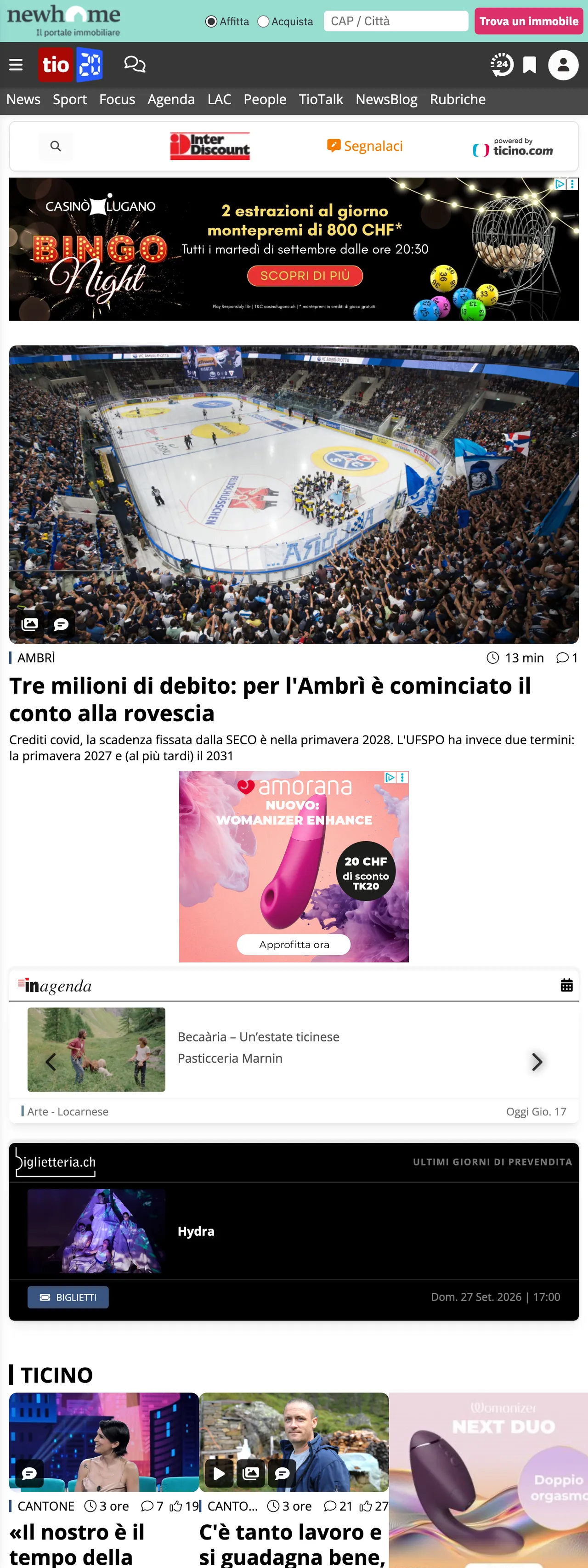 Screenshot of the Ticinonline front page