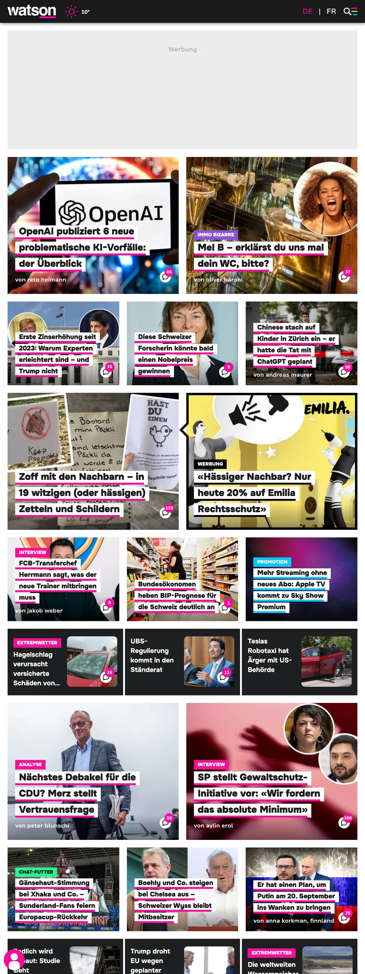 Screenshot of the watson front page