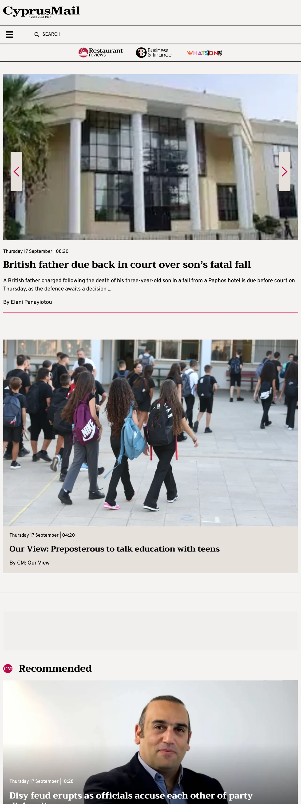 Screenshot of the Cyprus Mail front page