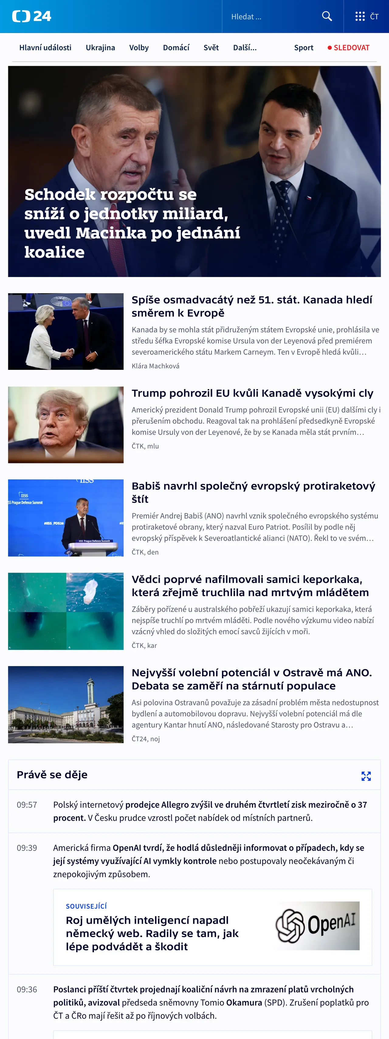 Screenshot of the ČT24 front page