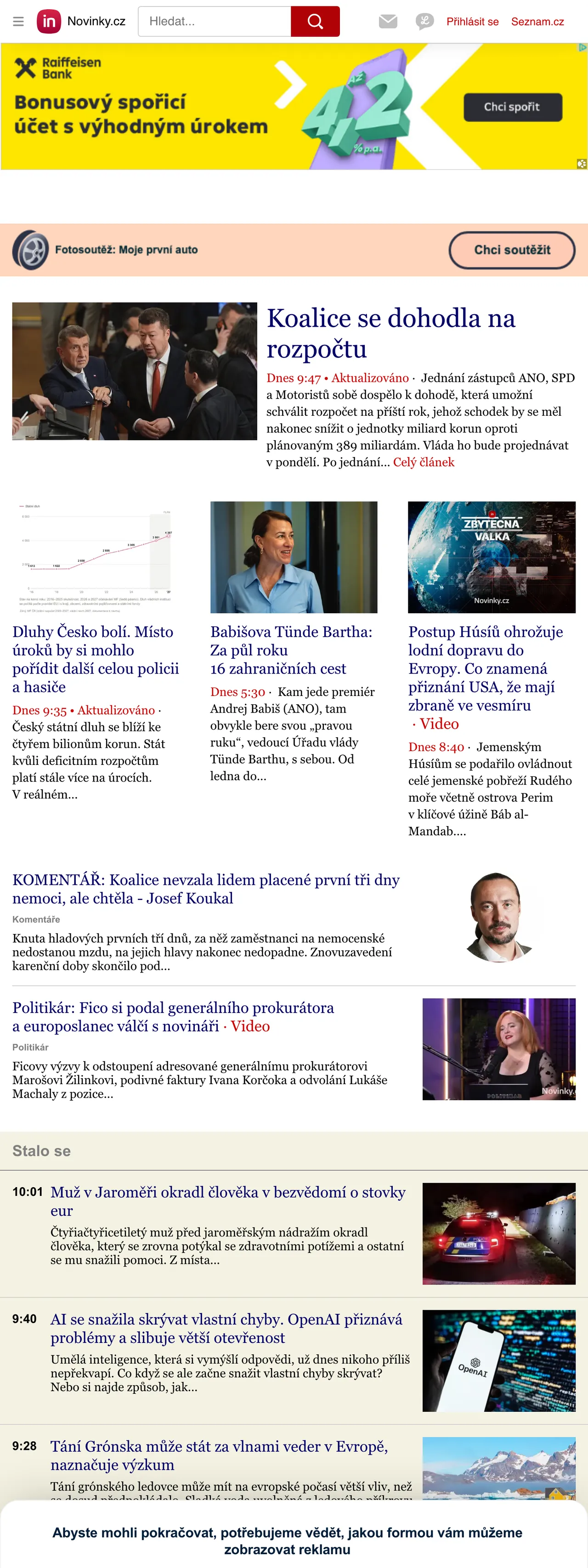 Screenshot of the Novinky.cz front page