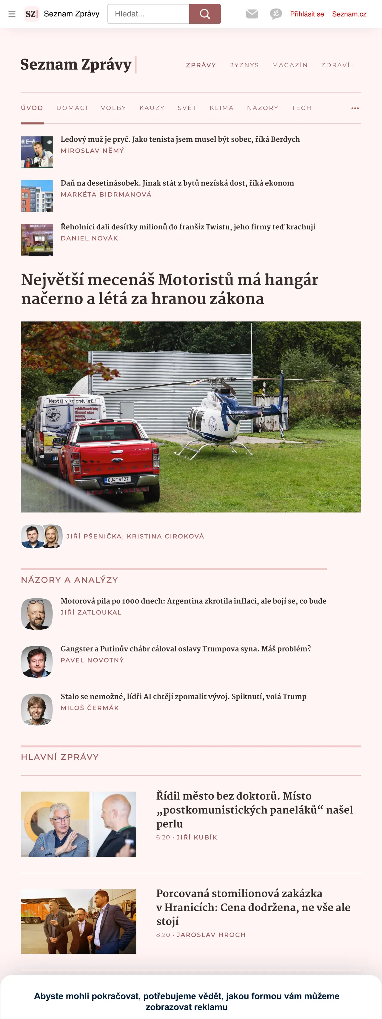 Screenshot of the Seznam Zprávy front page