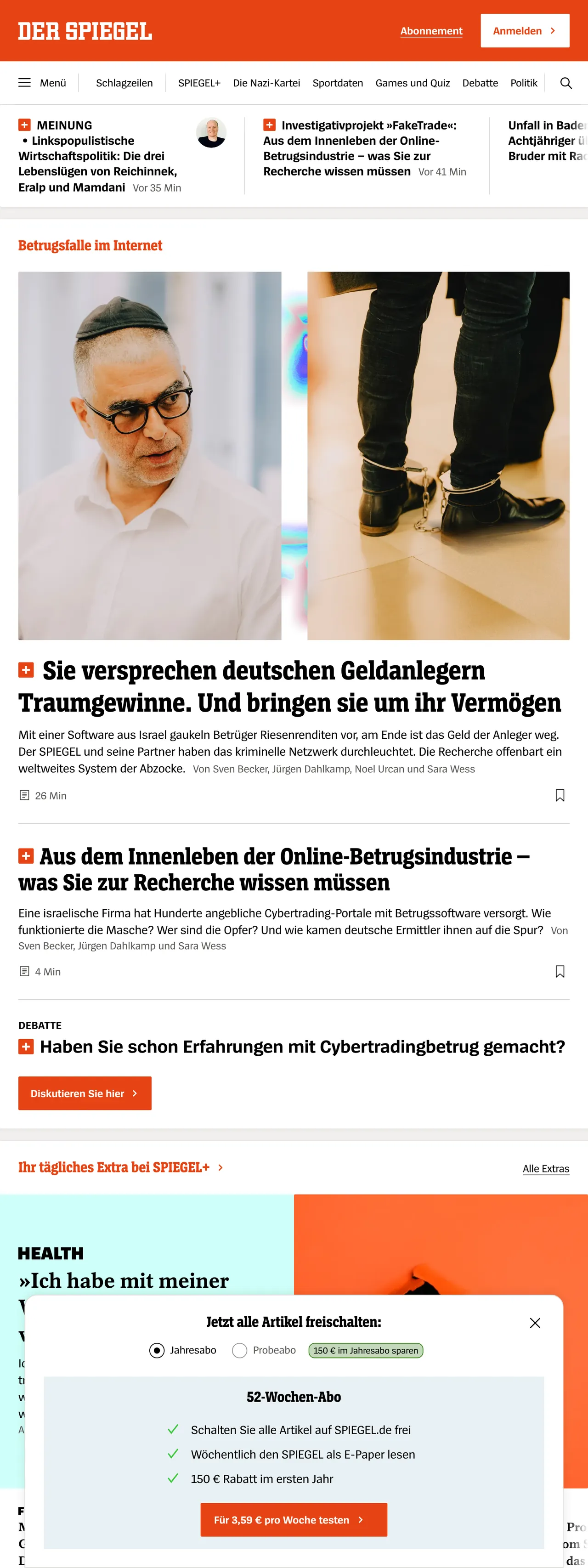 Screenshot of the DER SPIEGEL front page