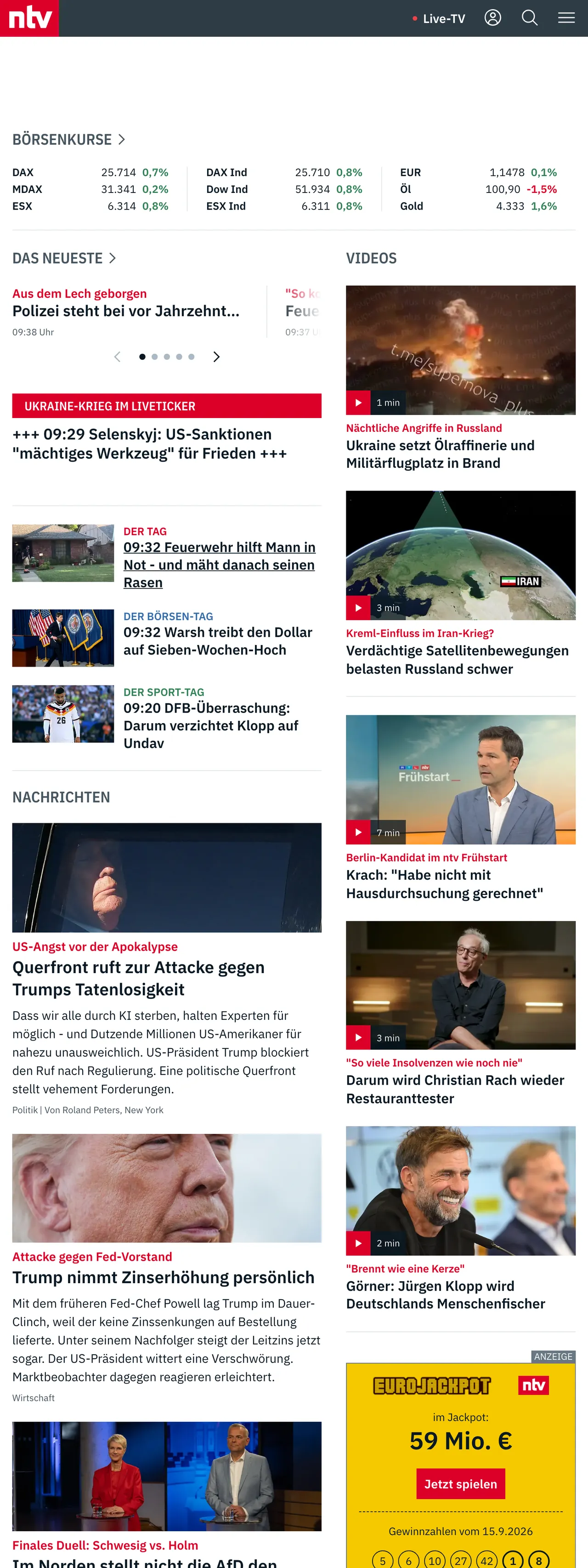 Screenshot of the n-tv front page