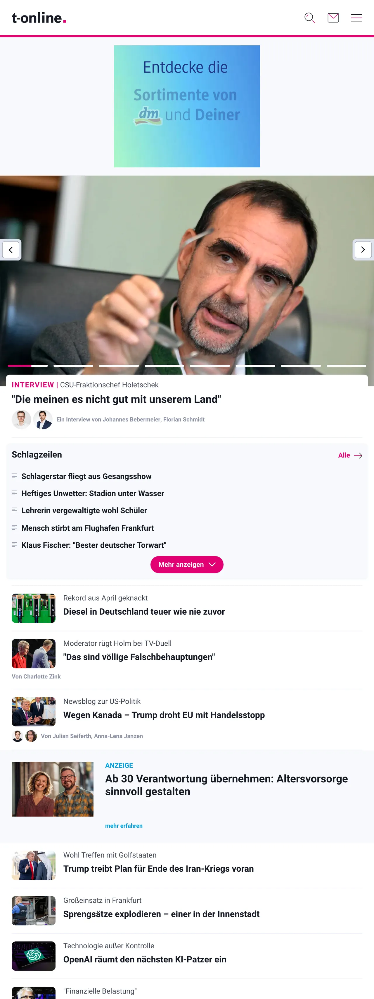 Screenshot of the t-online front page