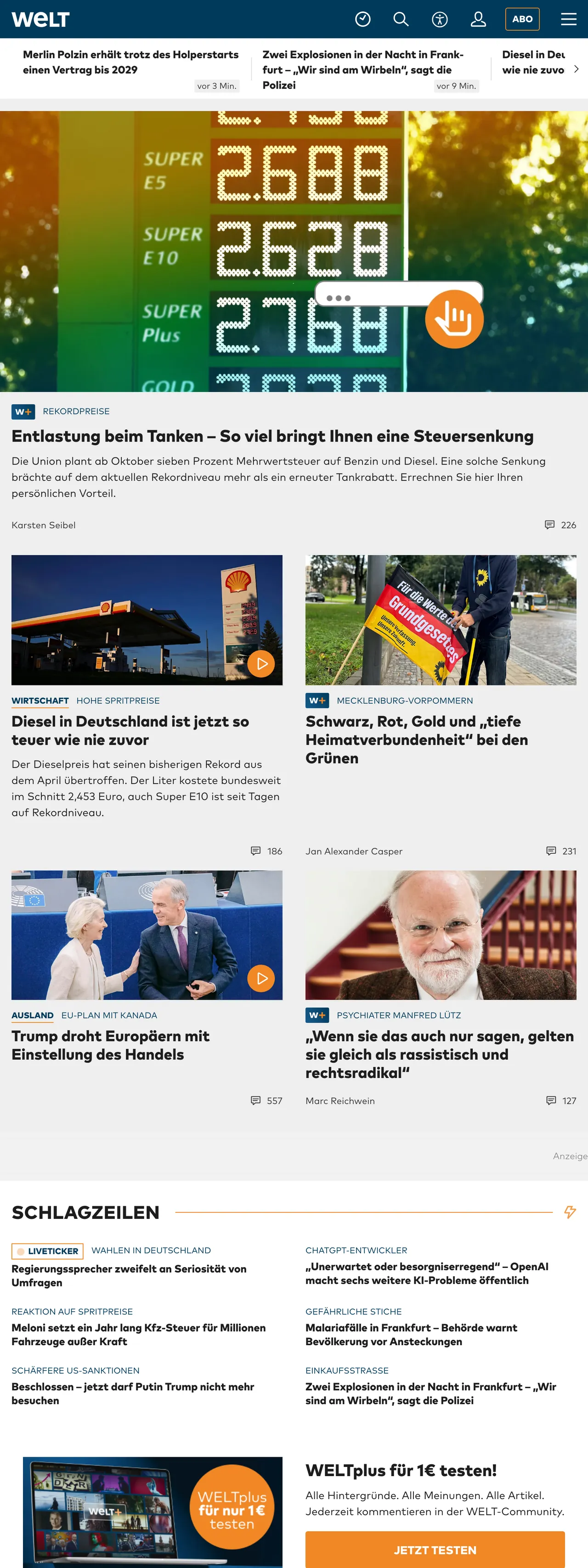 Screenshot of the WELT front page